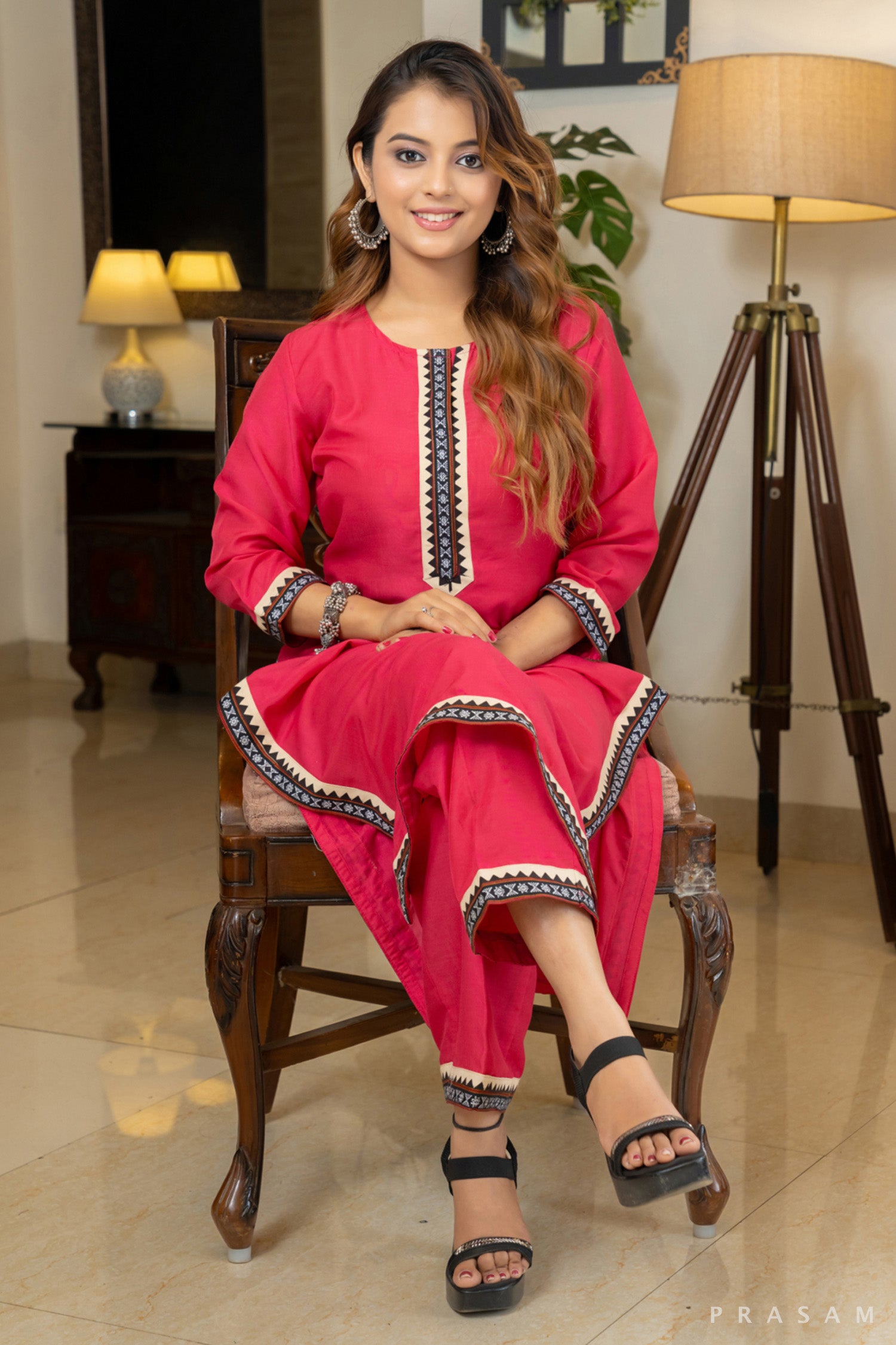 Royal Radiance Rani Pink Mul Muslin Kurta Set with Ikat Trims