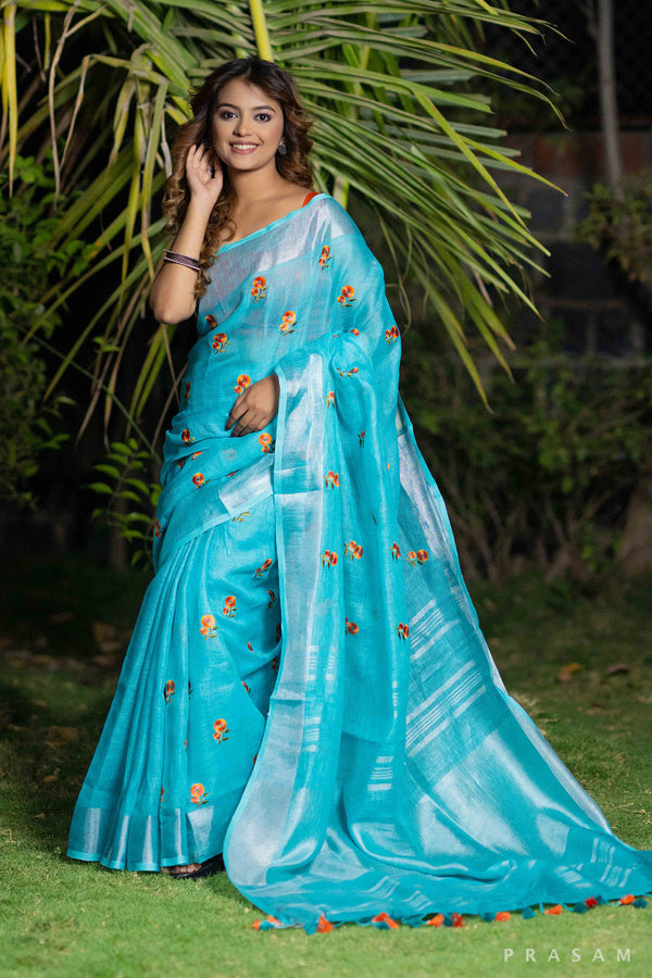 Mystical Teal Melody embroidery linen saree