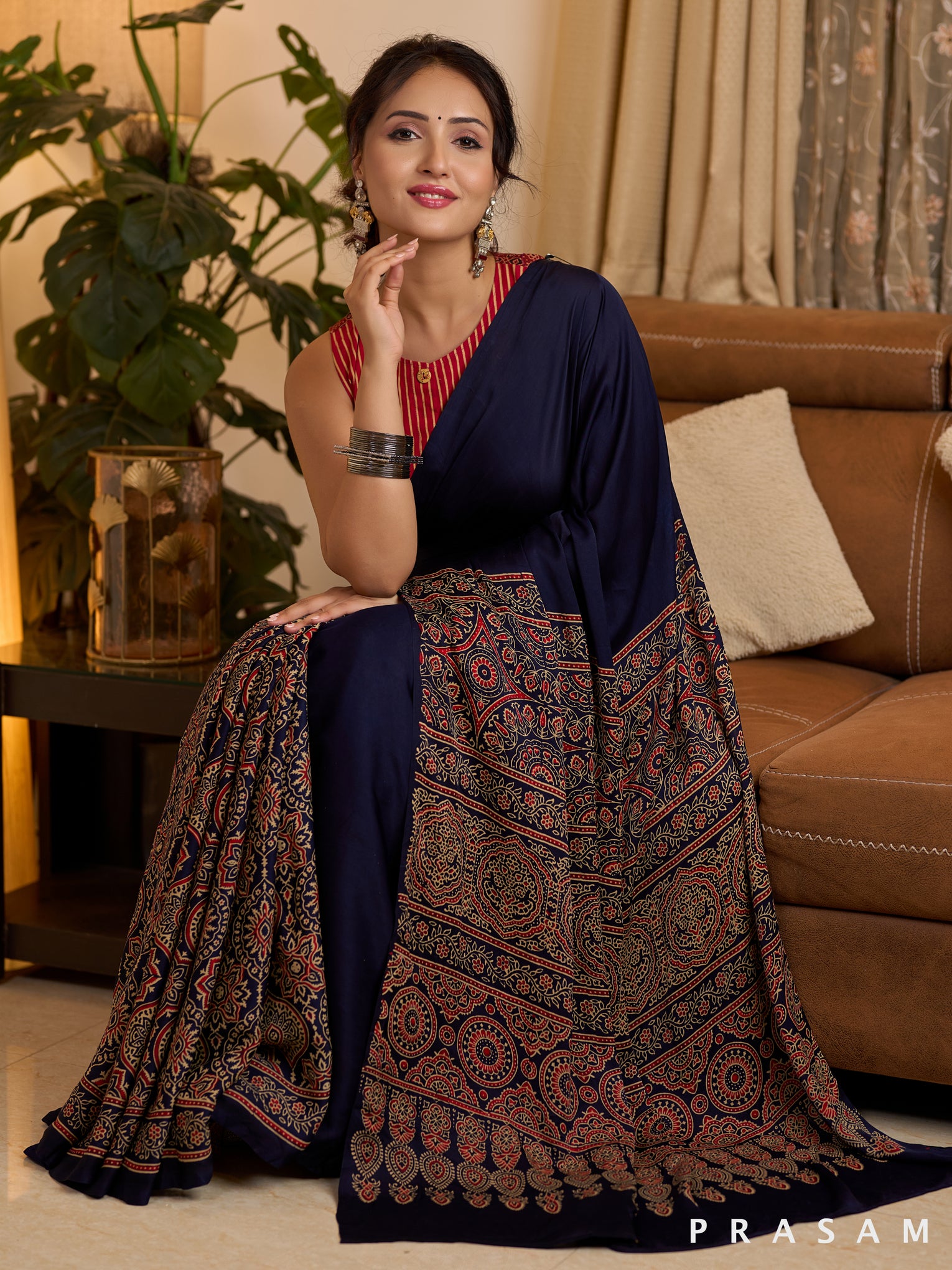 Indigo Ajrakh Paisley Modal Silk Saree