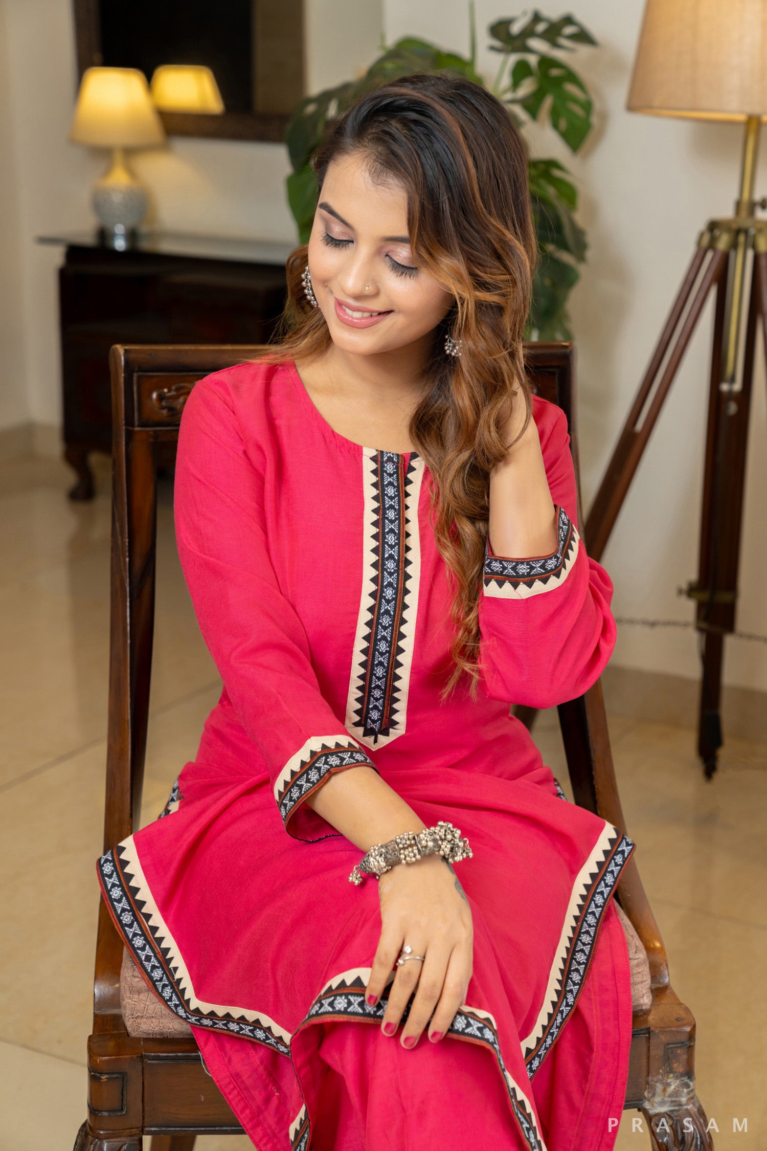 Royal Radiance Rani Pink Mul Muslin Kurta Set with Ikat Trims