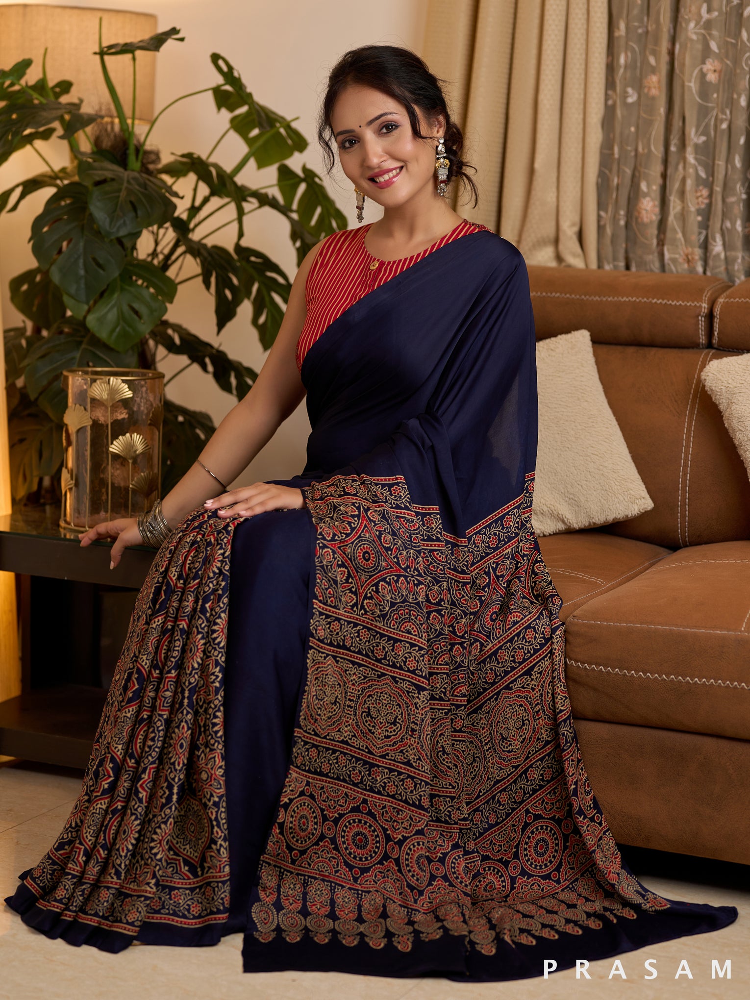 Indigo Ajrakh Paisley Modal Silk Saree