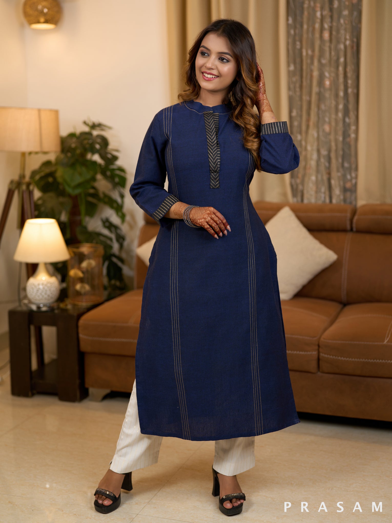 Indigo Stitched Grace Kurti with Block print deatils (Optional Pants)