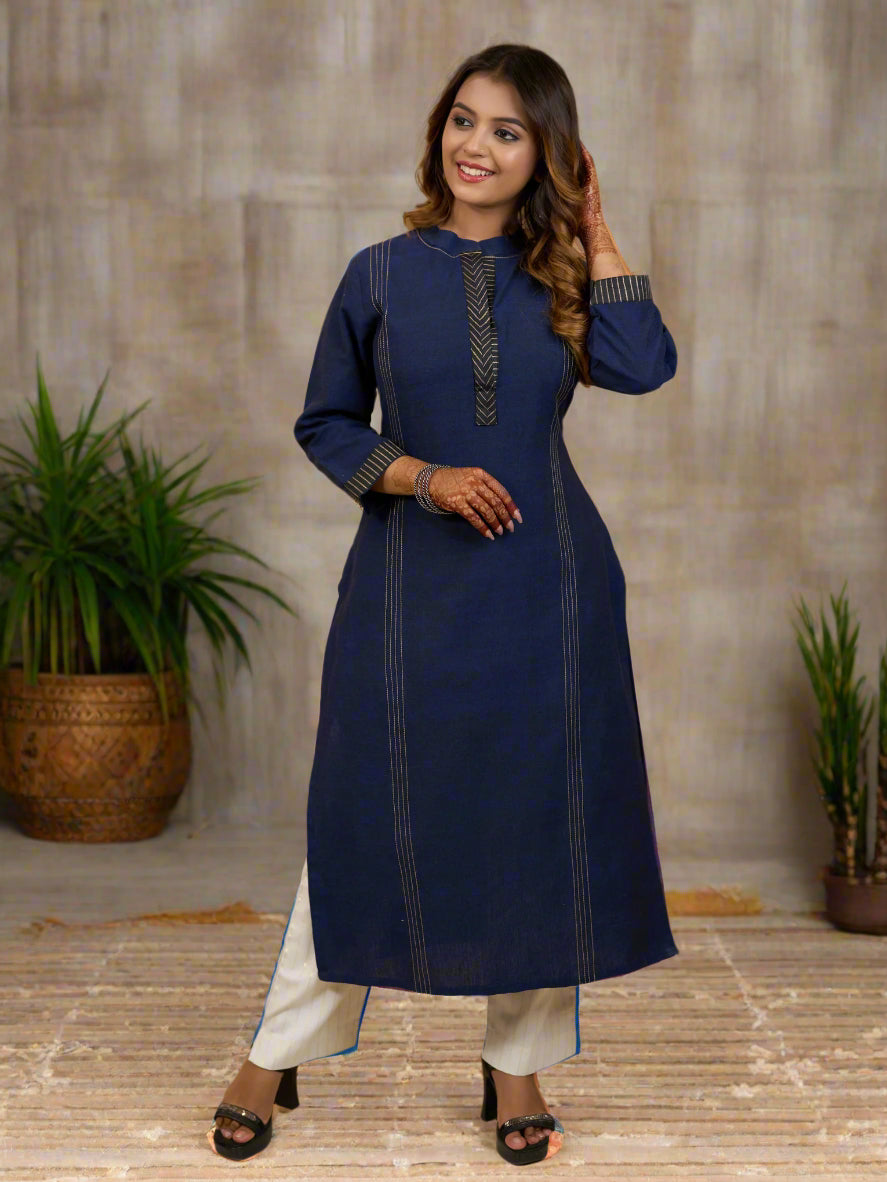 Indigo Stitched Grace Kurti with Block print deatils (Optional Pants)