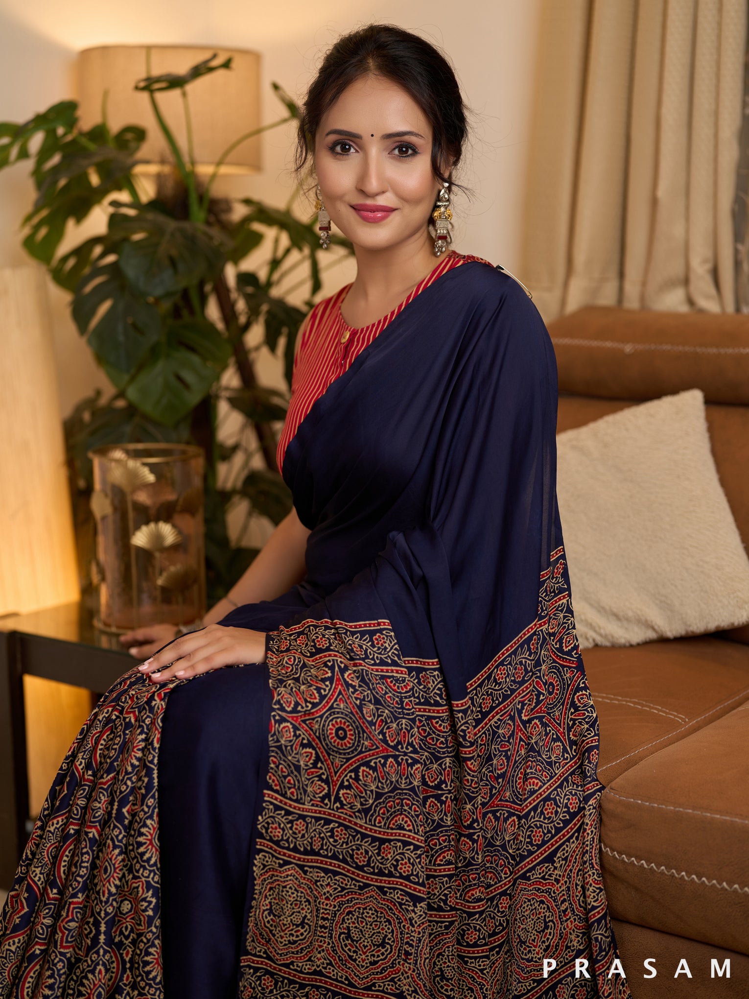 Indigo Ajrakh Paisley Modal Silk Saree