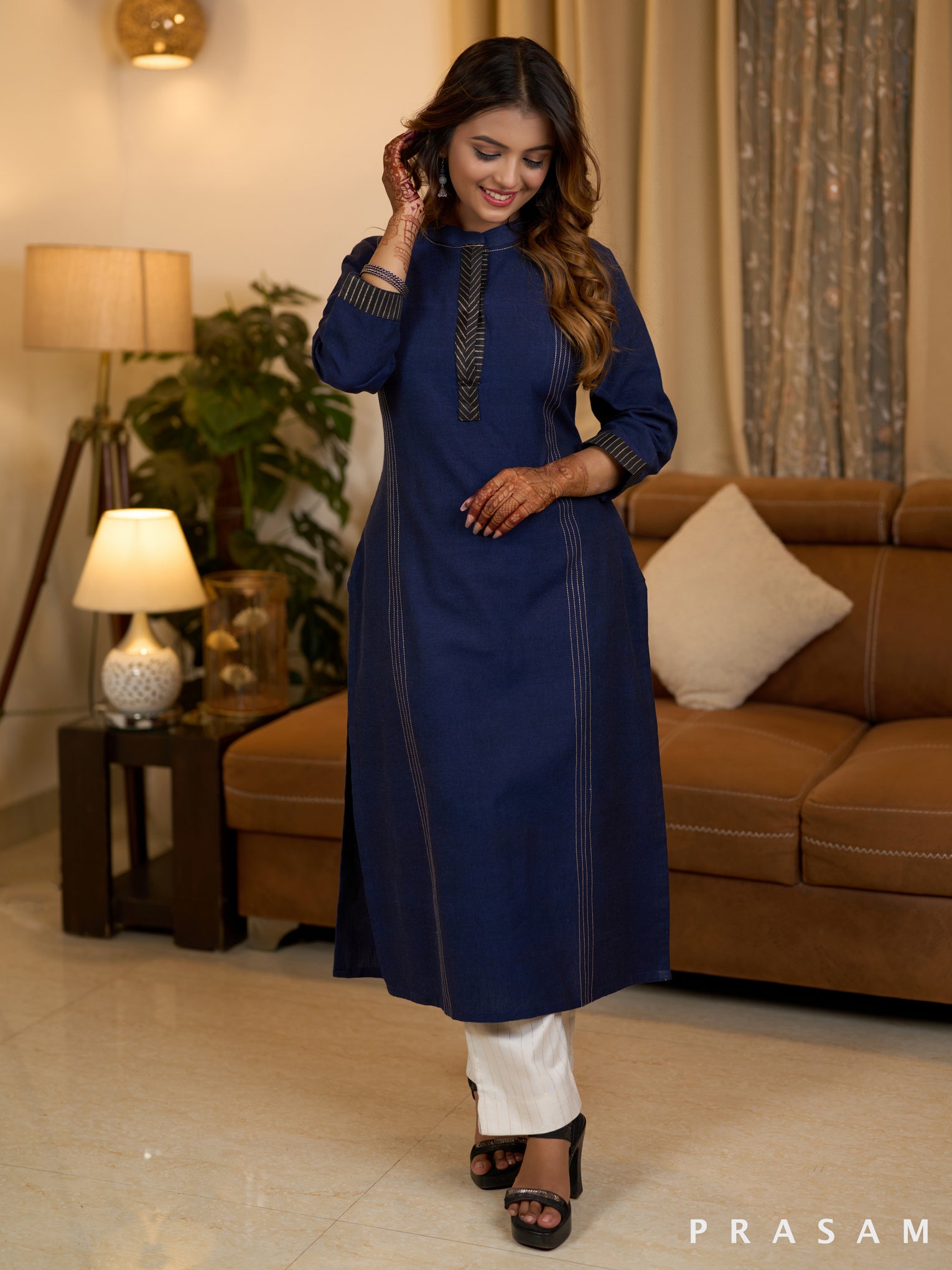 Indigo Stitched Grace Kurti with Block print deatils (Optional Pants)