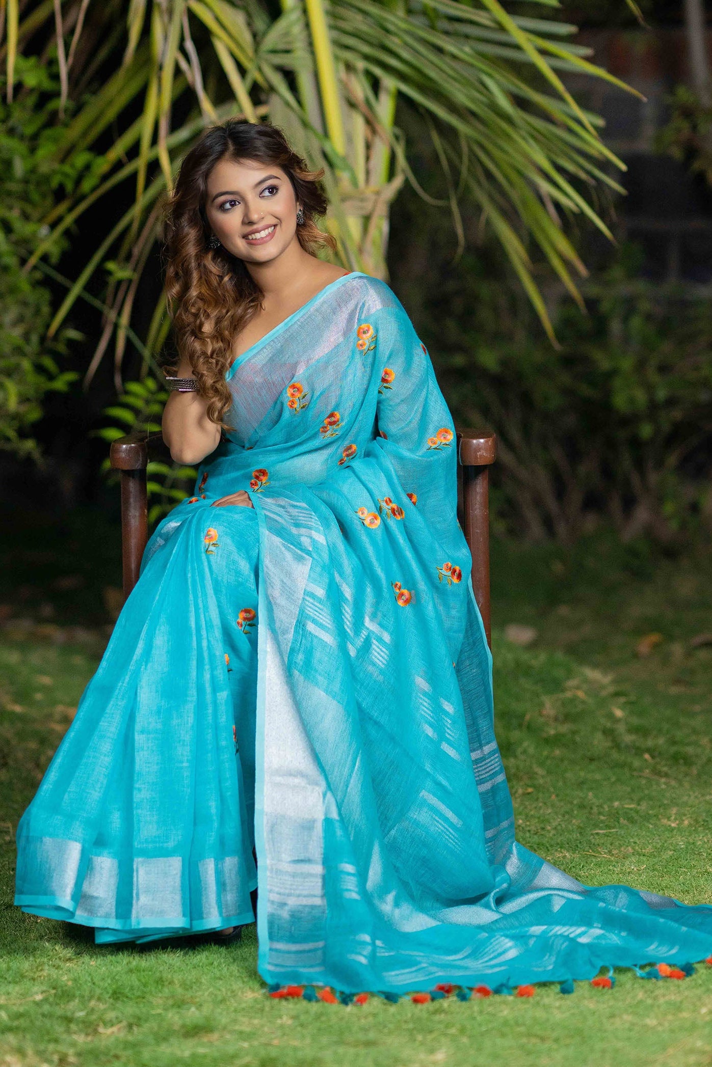 Mystical Teal Melody embroidery linen saree