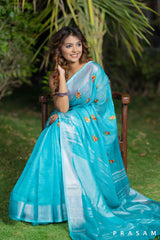 Mystical Teal Melody embroidery linen saree