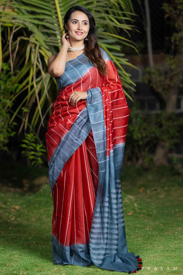 Crimson charcoal drape handwoven cotton blend saree