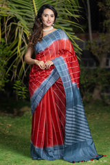 Crimson charcoal drape handwoven cotton blend saree