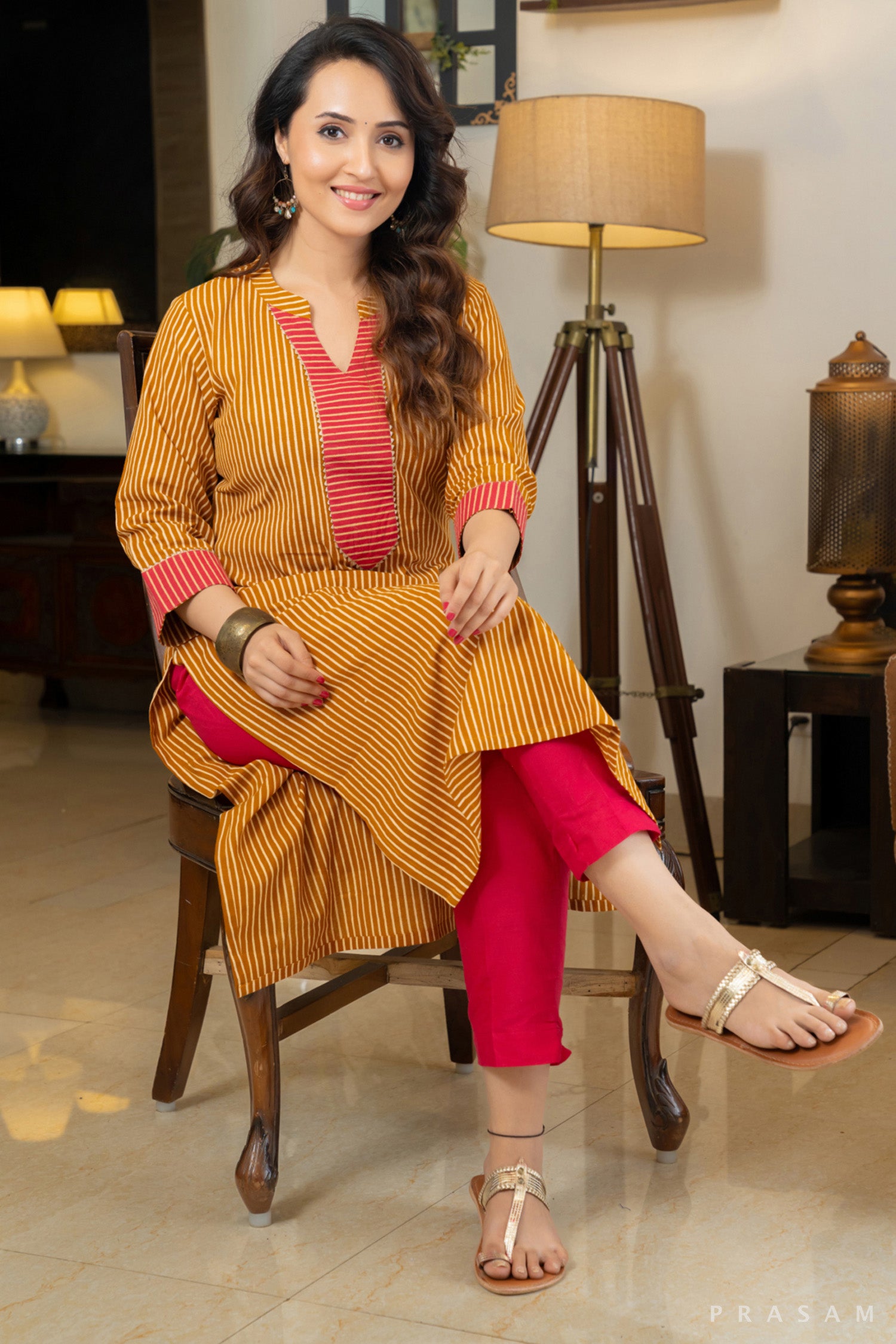 Rustic Charm Handmade Cotton Ajrakh Stripe Combination Kurti in Red Ochre