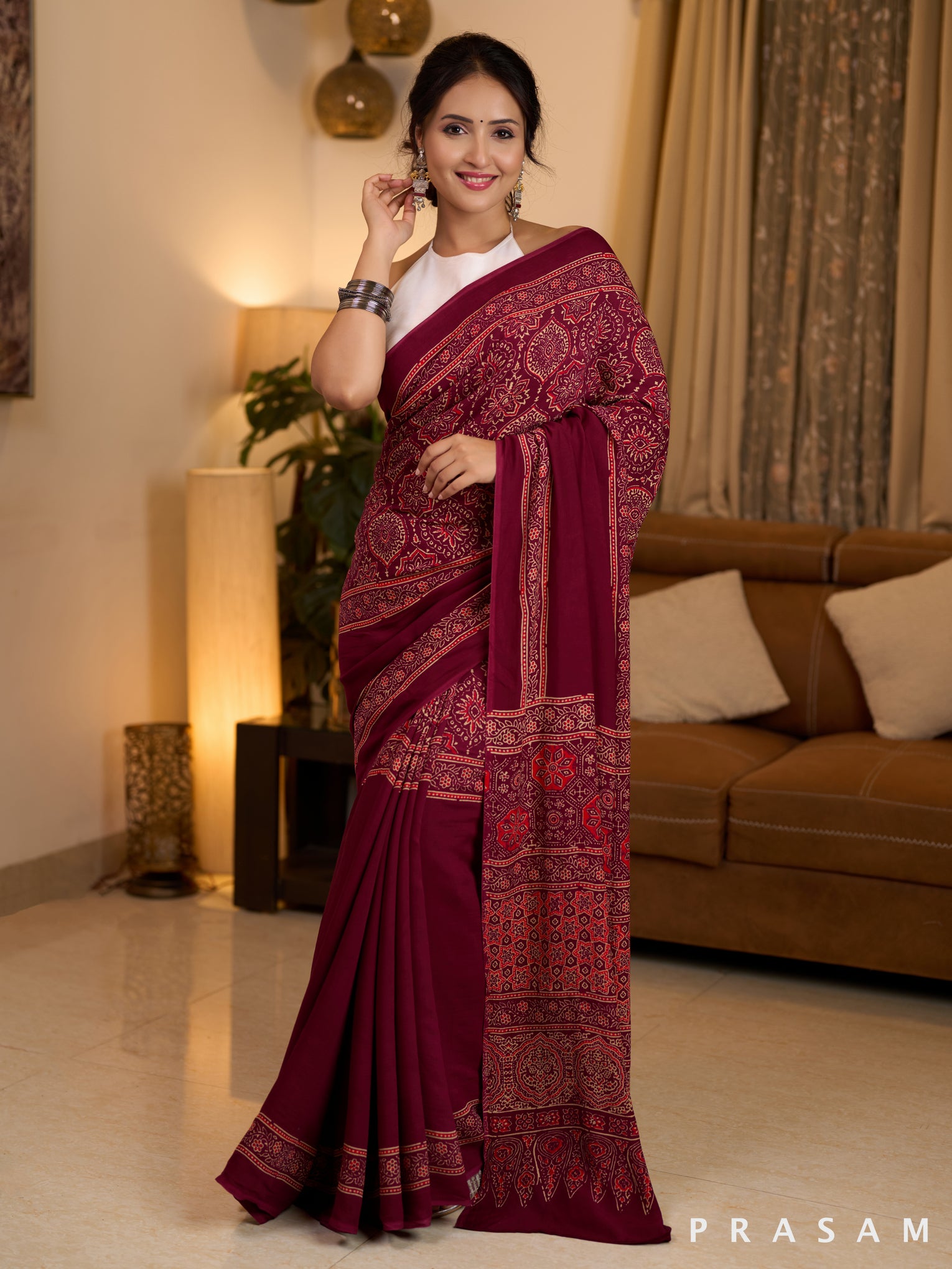 Crimson Ajrakh Concentric Silk Modal Saree