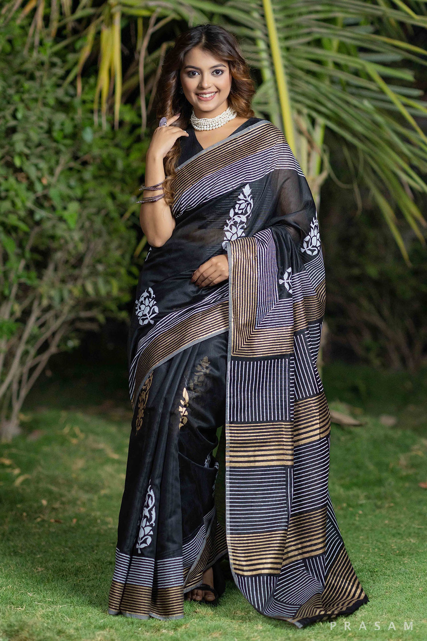 Cuckoo black chanderi block print saree