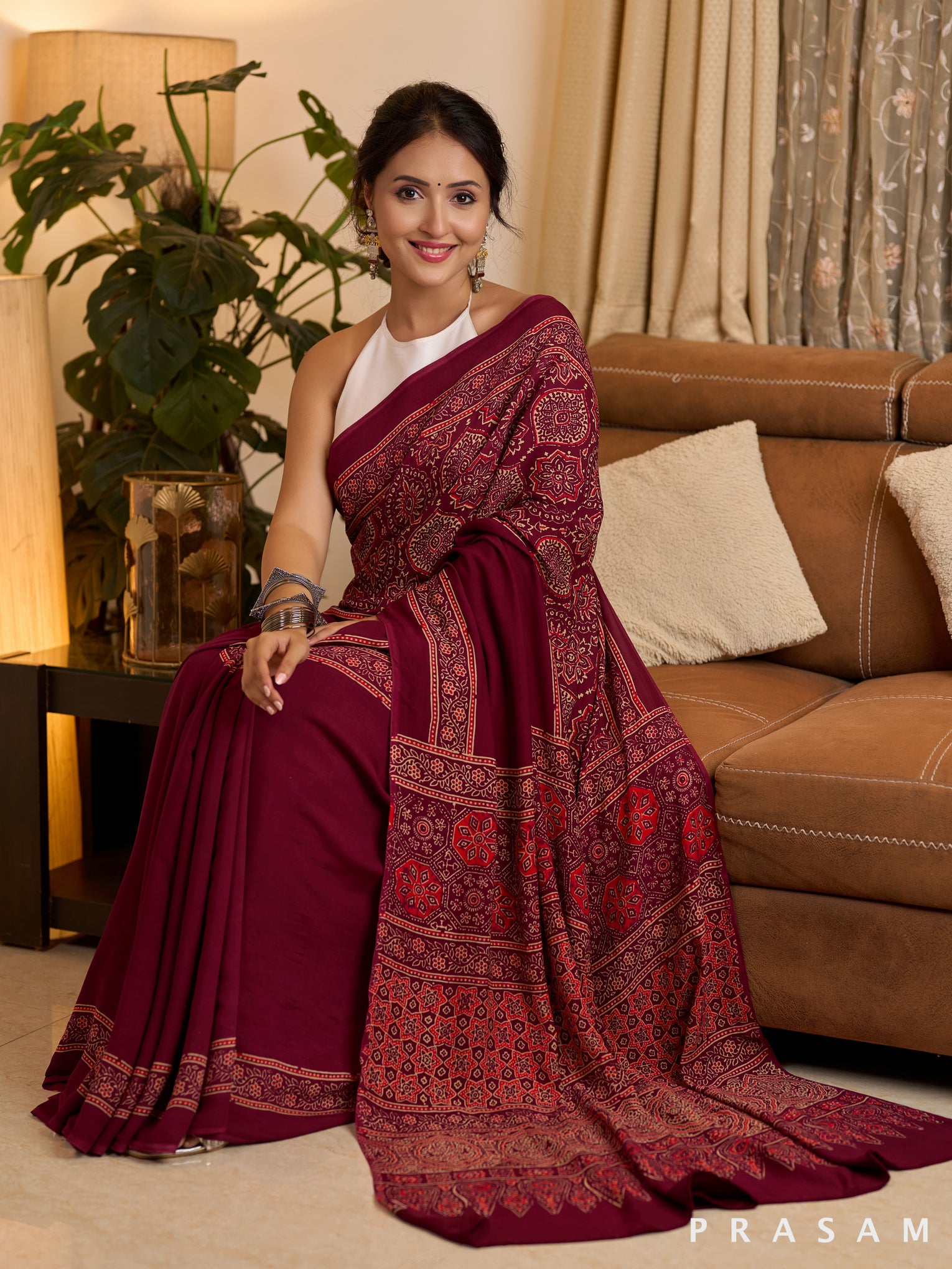 Crimson Ajrakh Concentric Silk Modal Saree