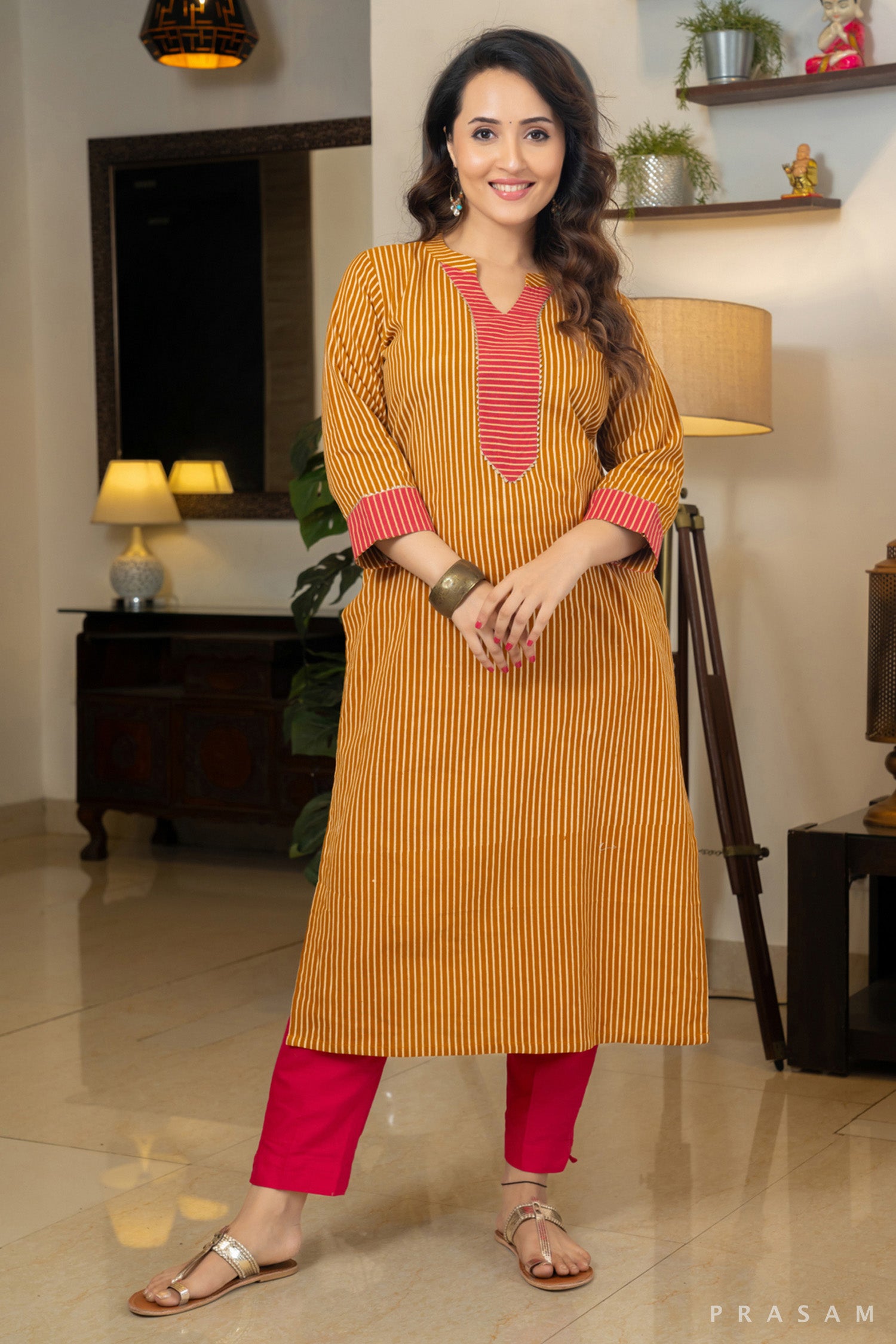 Rustic Charm Handmade Cotton Ajrakh Stripe Combination Kurti in Red Ochre