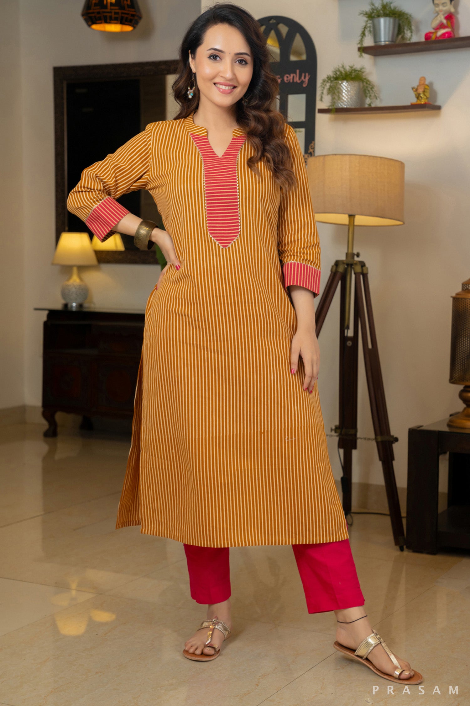 Rustic Charm Handmade Cotton Ajrakh Stripe Combination Kurti in Red Ochre