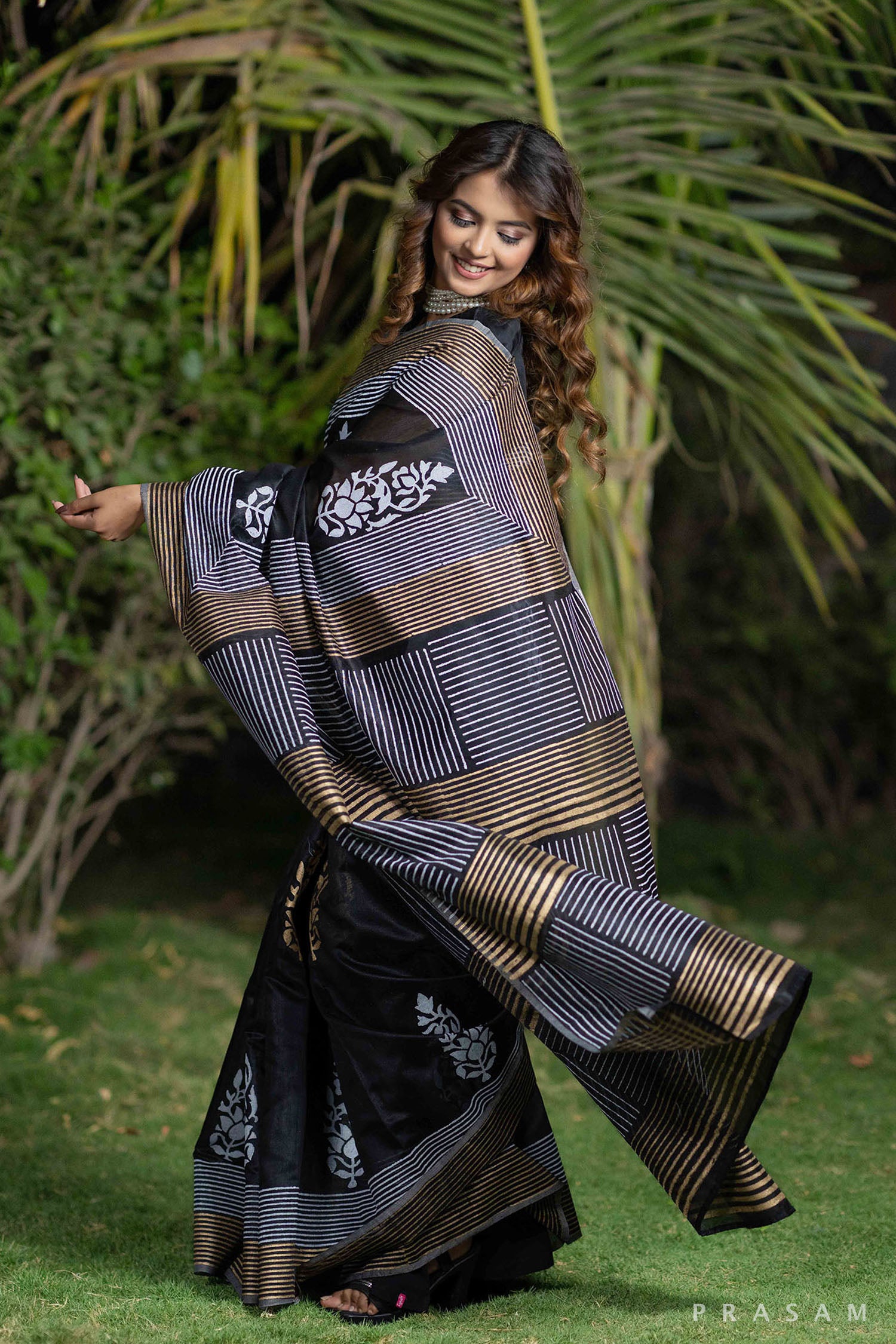 Cuckoo black chanderi block print saree