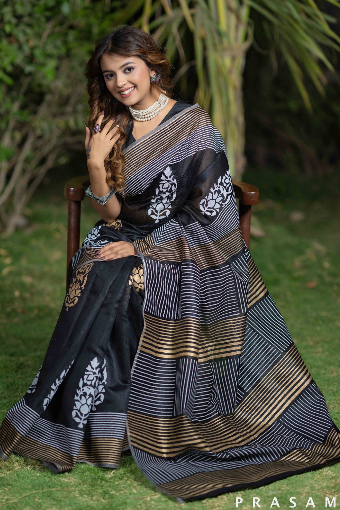 Cuckoo black chanderi block print saree