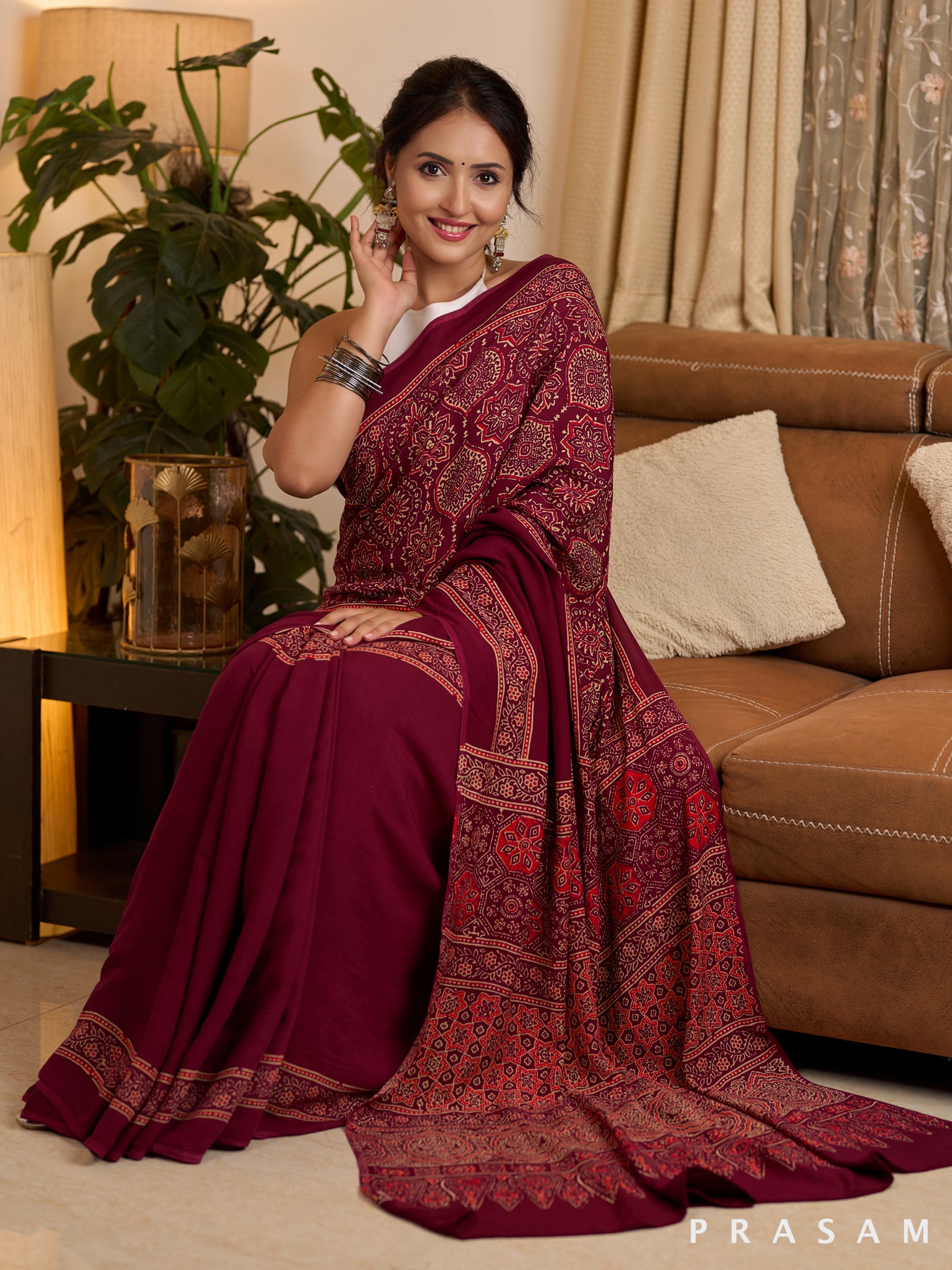 Crimson Ajrakh Concentric Silk Modal Saree