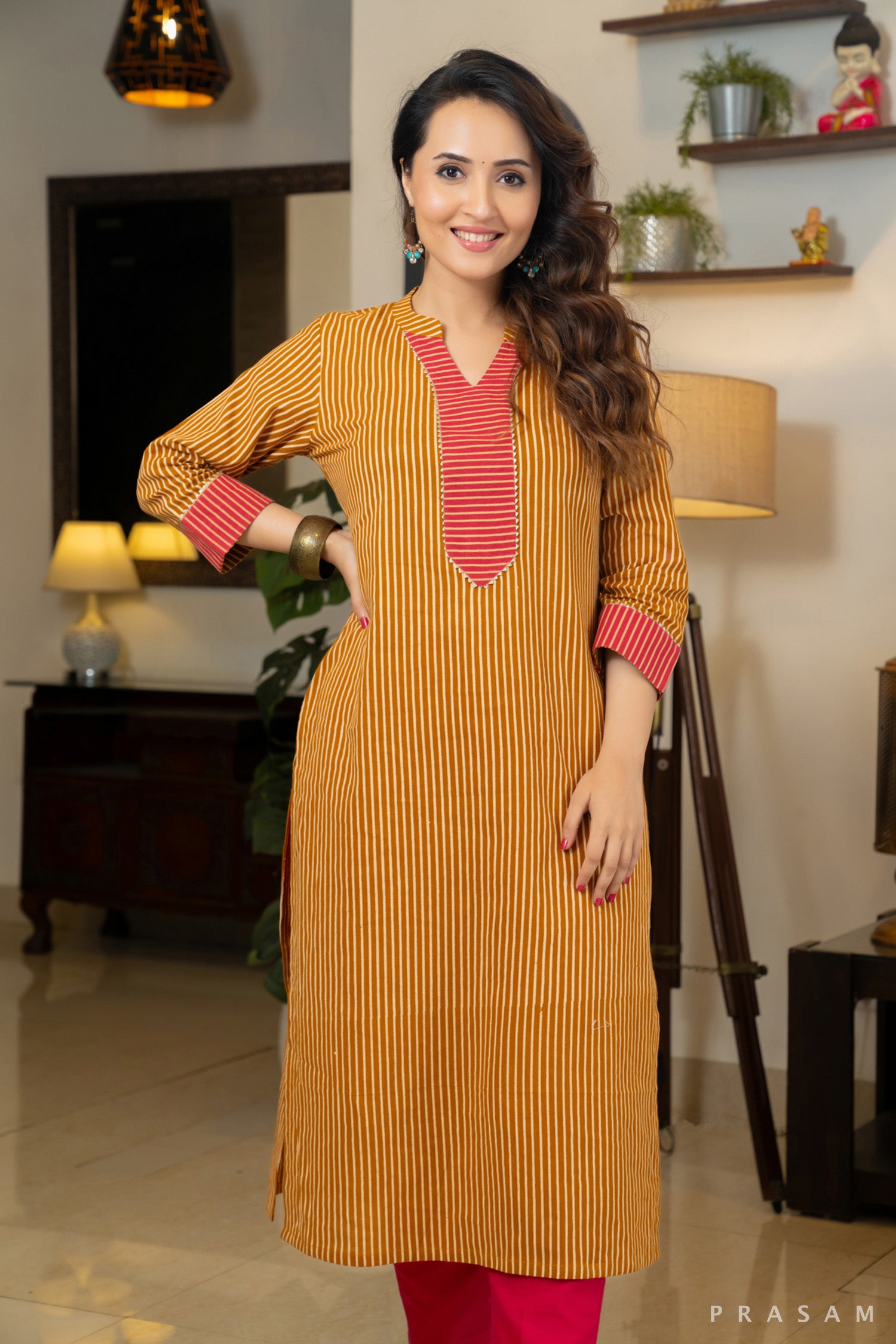 Rustic Charm Handmade Cotton Ajrakh Stripe Combination Kurti in Red Ochre