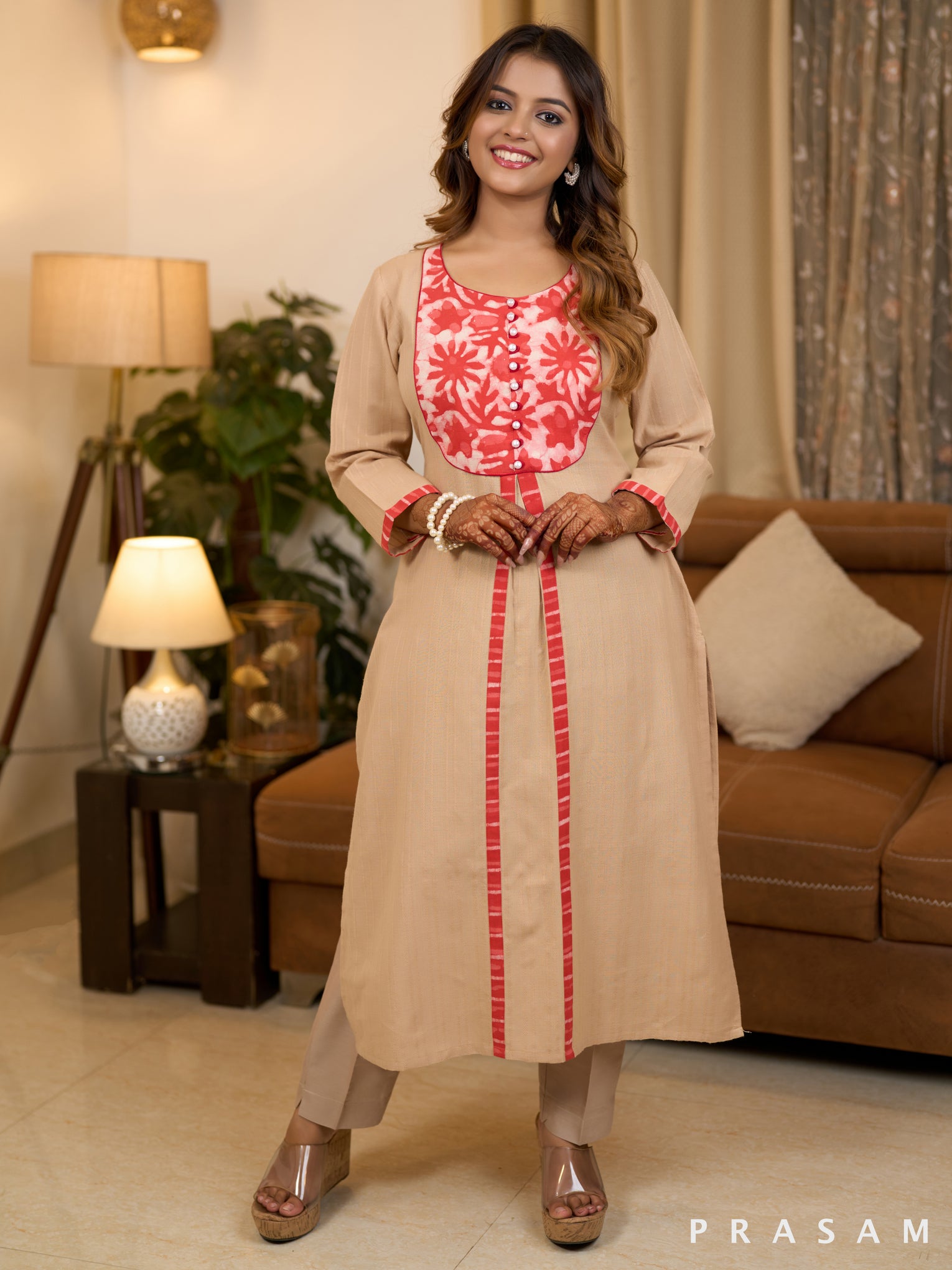 Beige Handloom Serenade Bagru Cotton Kurti