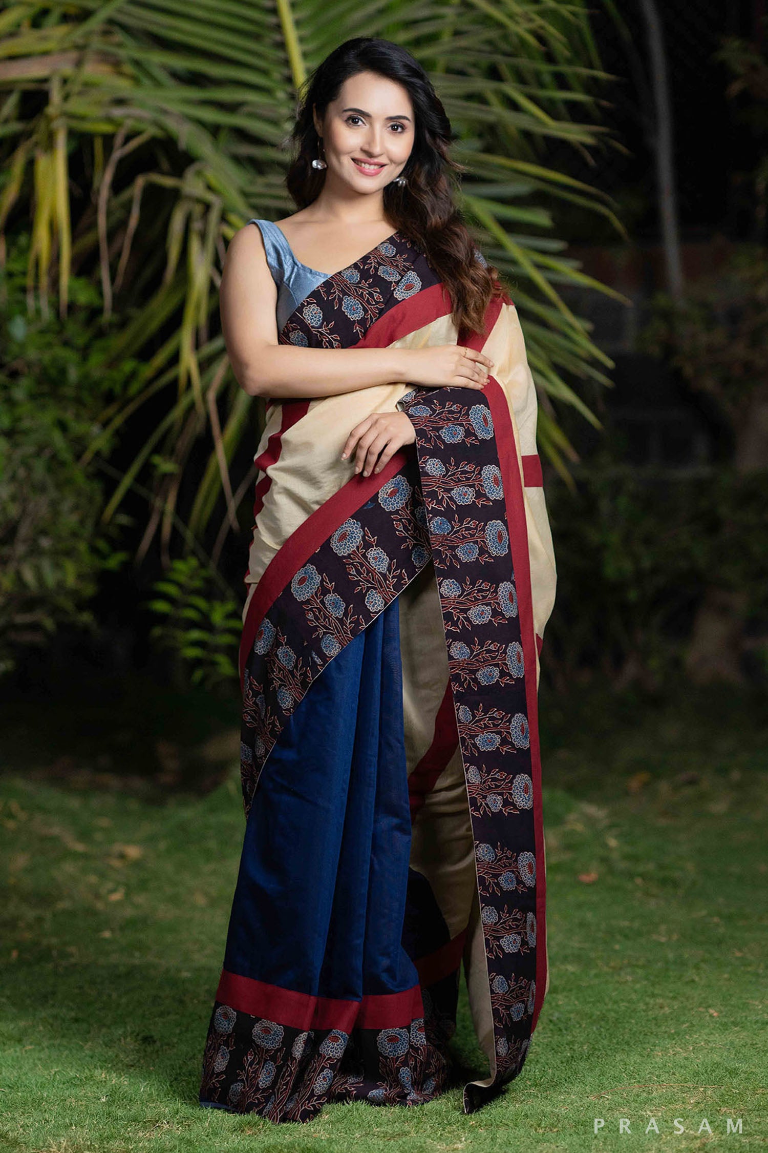 Blue Oasis cream blue chanderi  and cotton ajrakh fusion saree