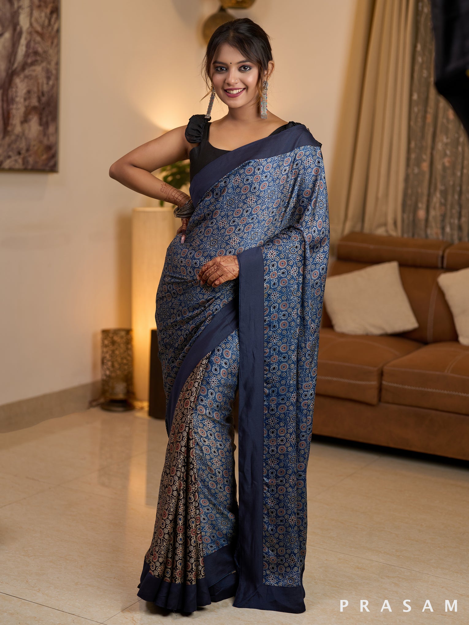 Marine Blue Ajarakh Silk Modal Saree