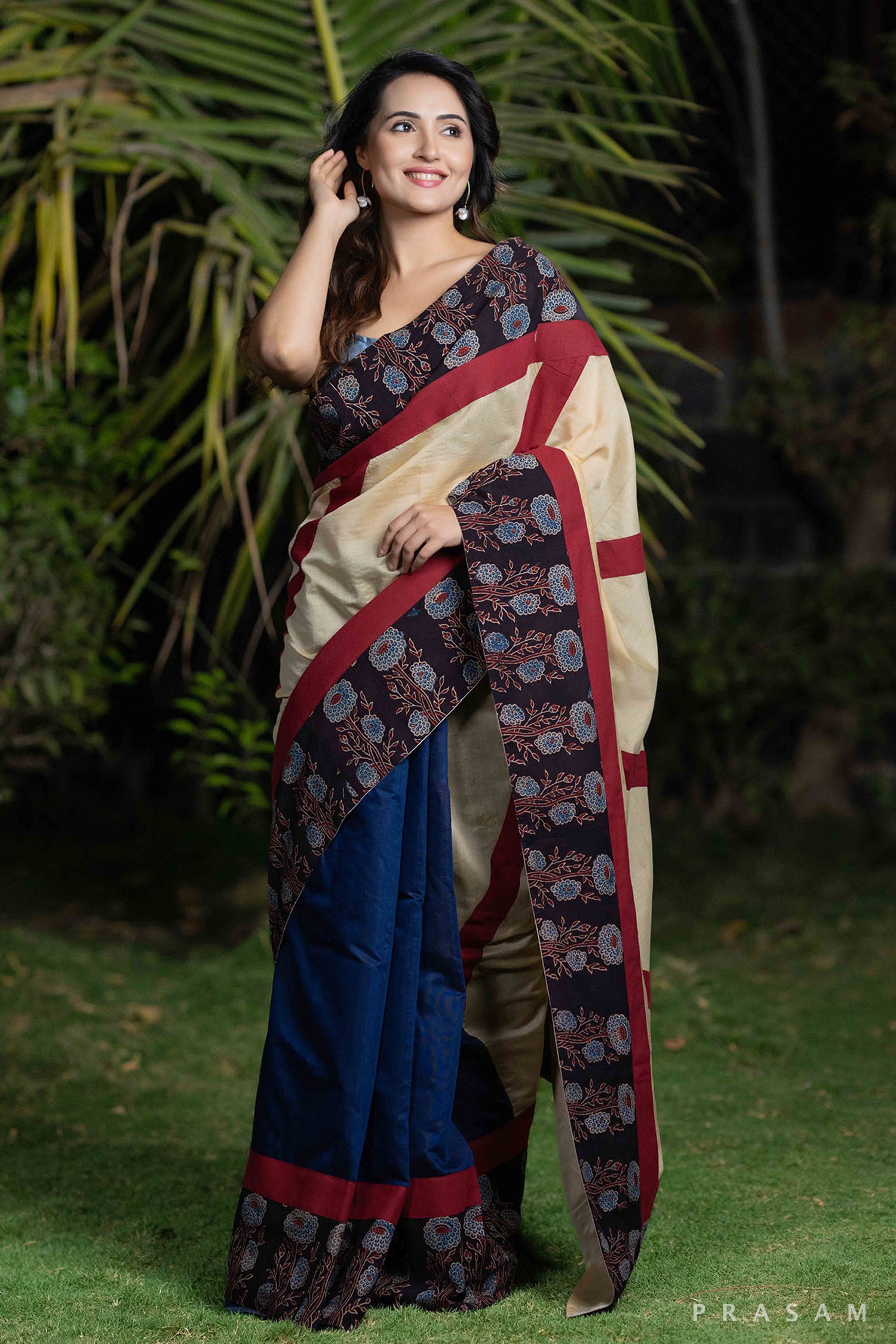 Blue Oasis cream blue chanderi  and cotton ajrakh fusion saree