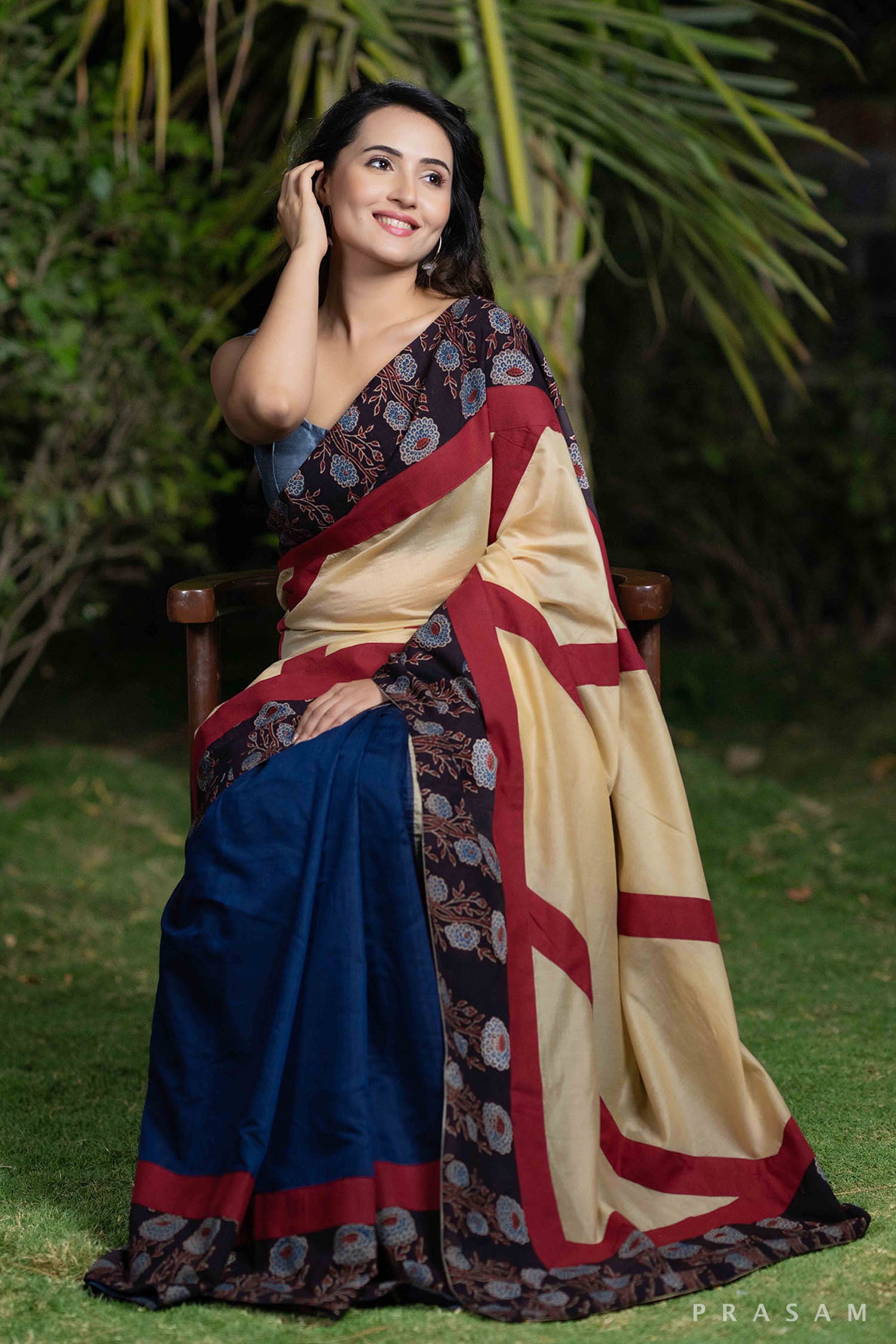 Blue Oasis cream blue chanderi  and cotton ajrakh fusion saree