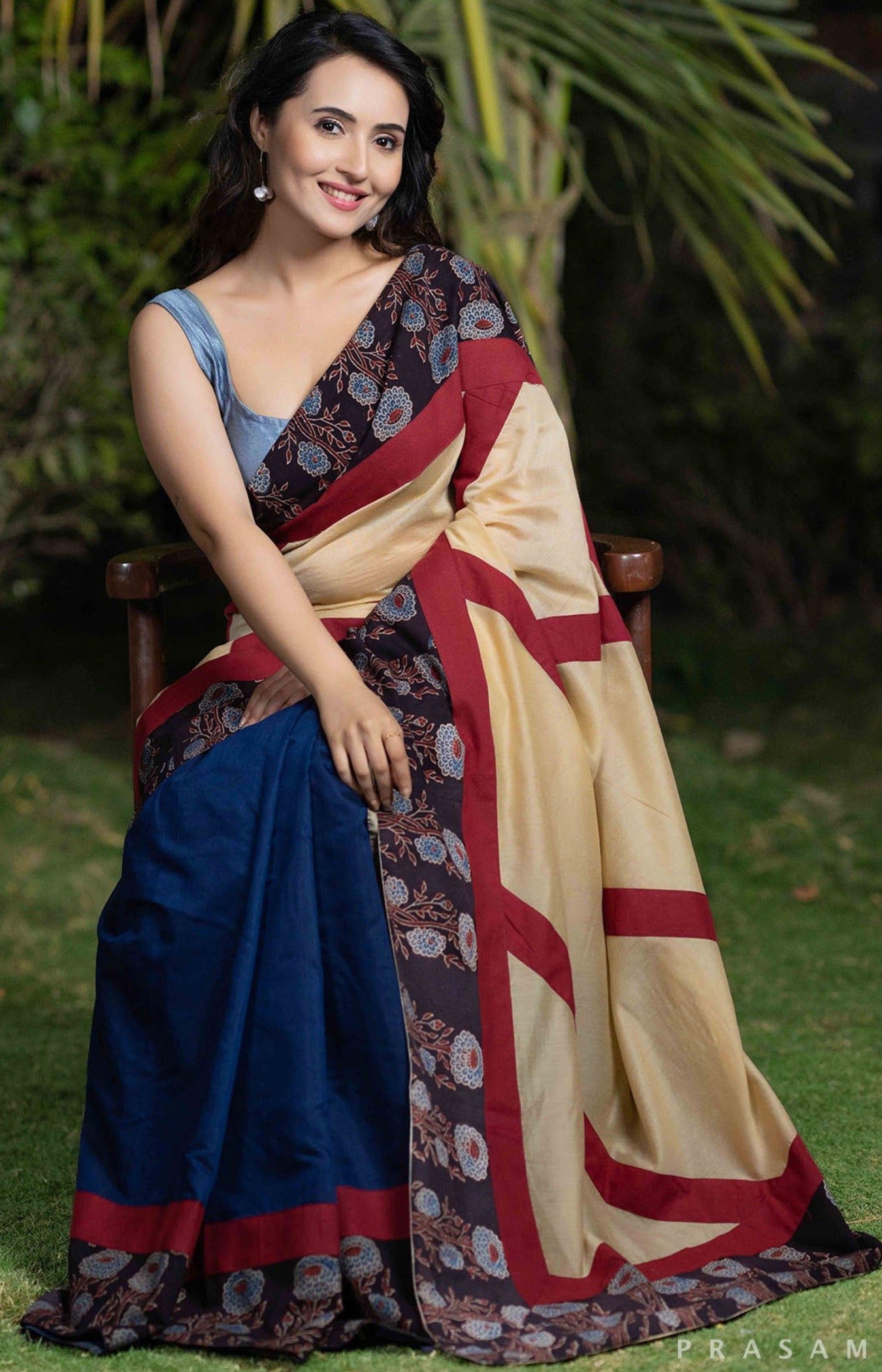 Blue Oasis cream blue chanderi  and cotton ajrakh fusion saree