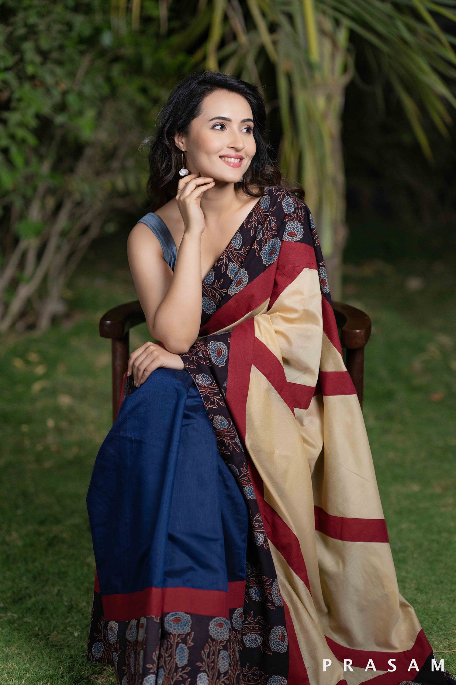 Blue Oasis cream blue chanderi  and cotton ajrakh fusion saree