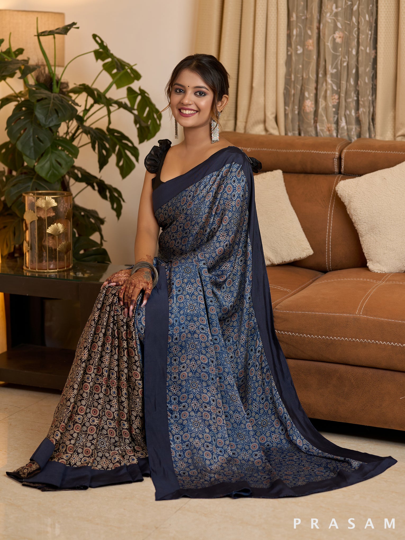 Marine Blue Ajarakh Silk Modal Saree