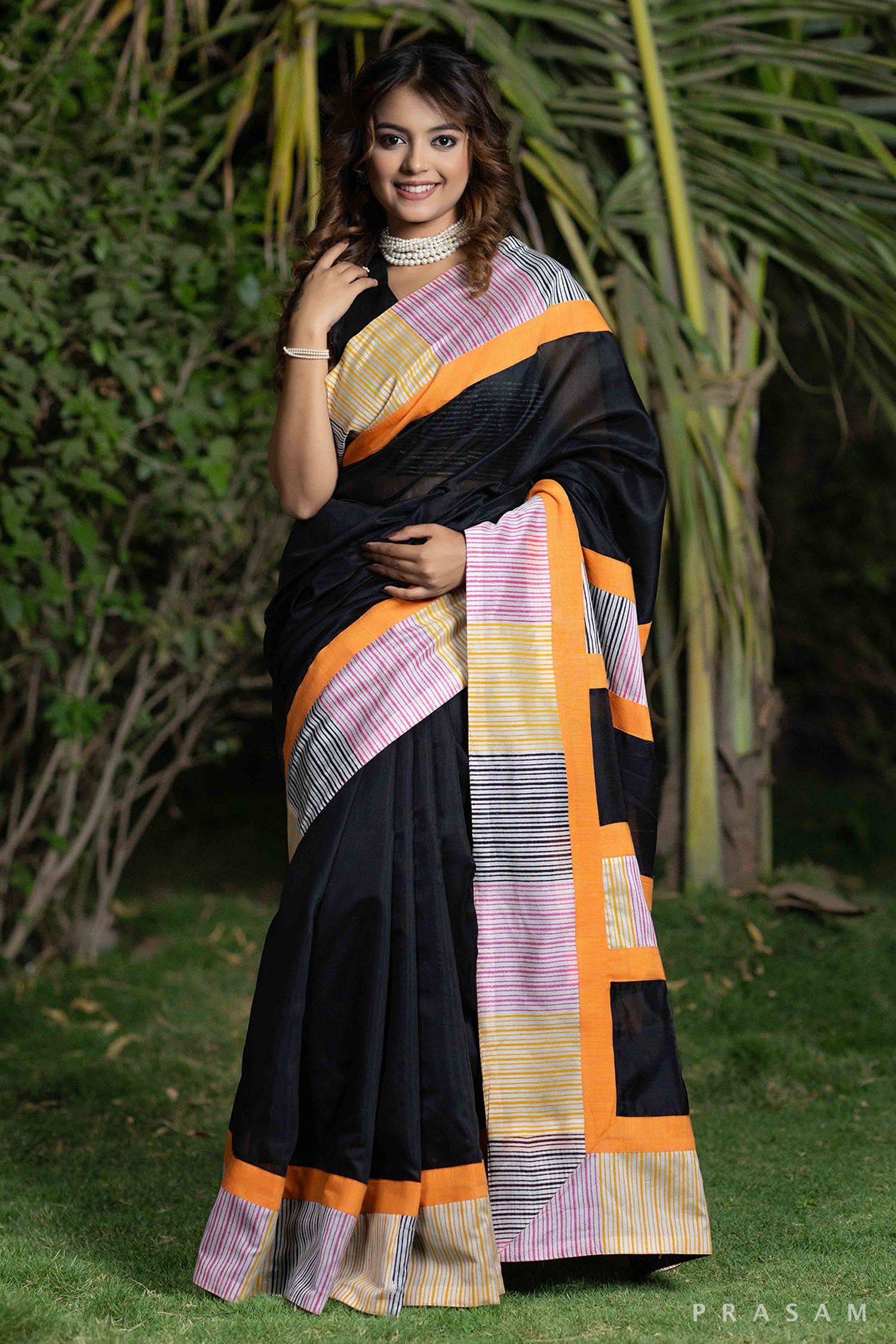 Kajal Black Chanderi with Block Print Fusion Saree