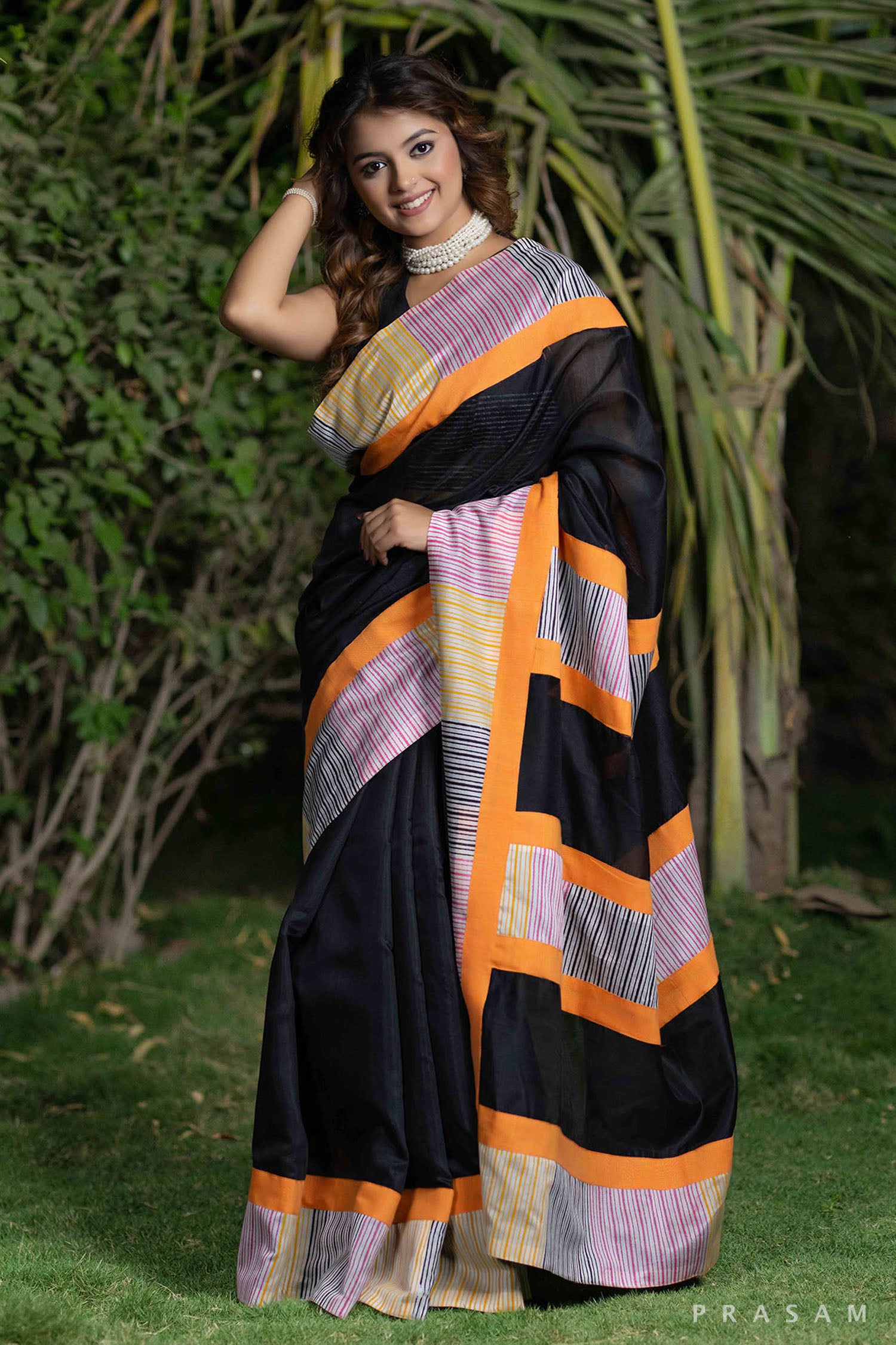 Kajal Black Chanderi with Block Print Fusion Saree