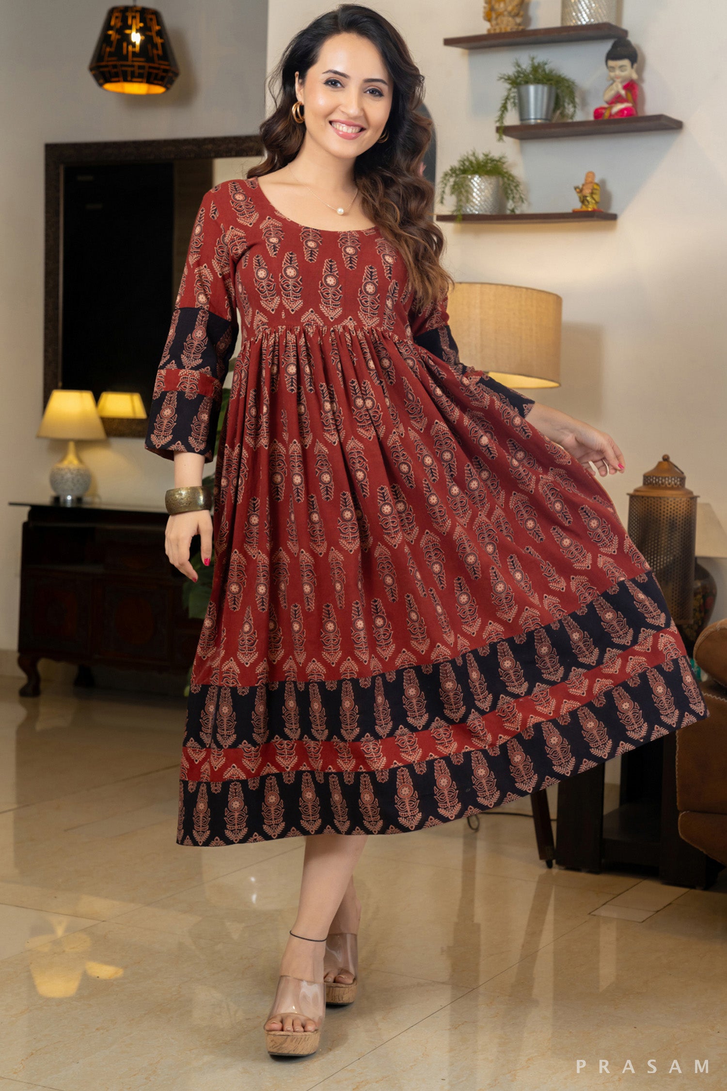 Scarlet Noir Ajrakh Cotton Printed Dress in Red and Black Combination