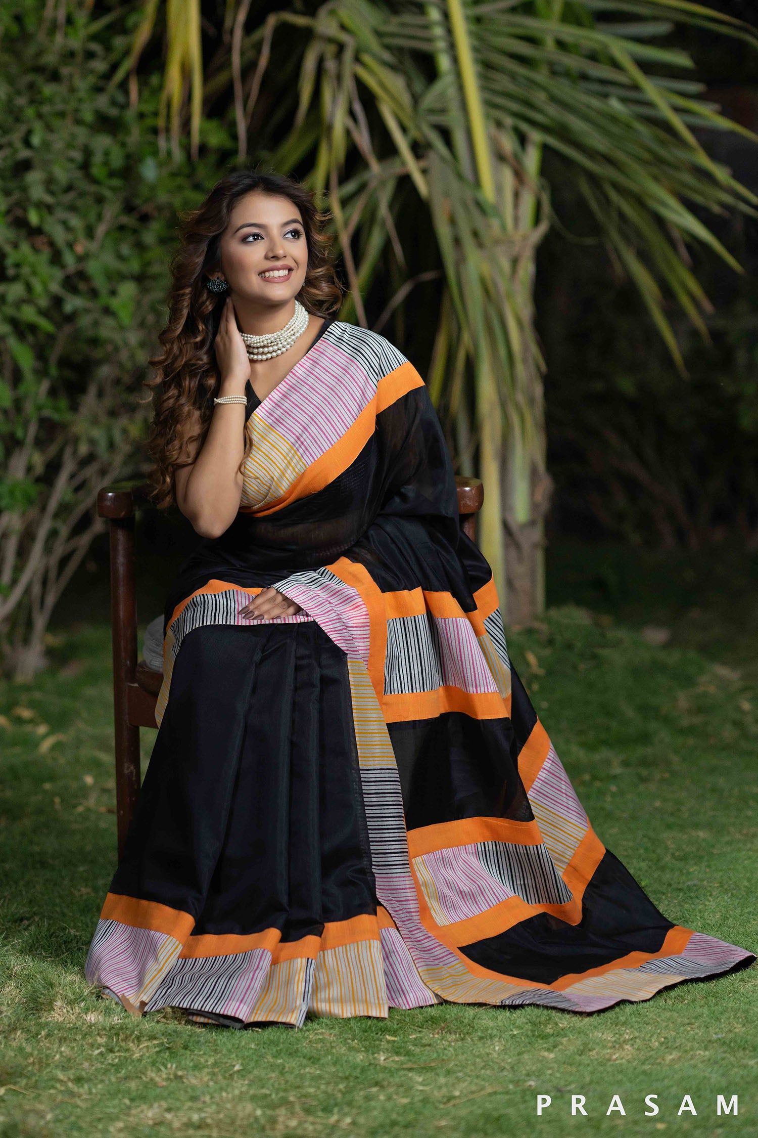 Kajal black chanderi with block print fusion saree