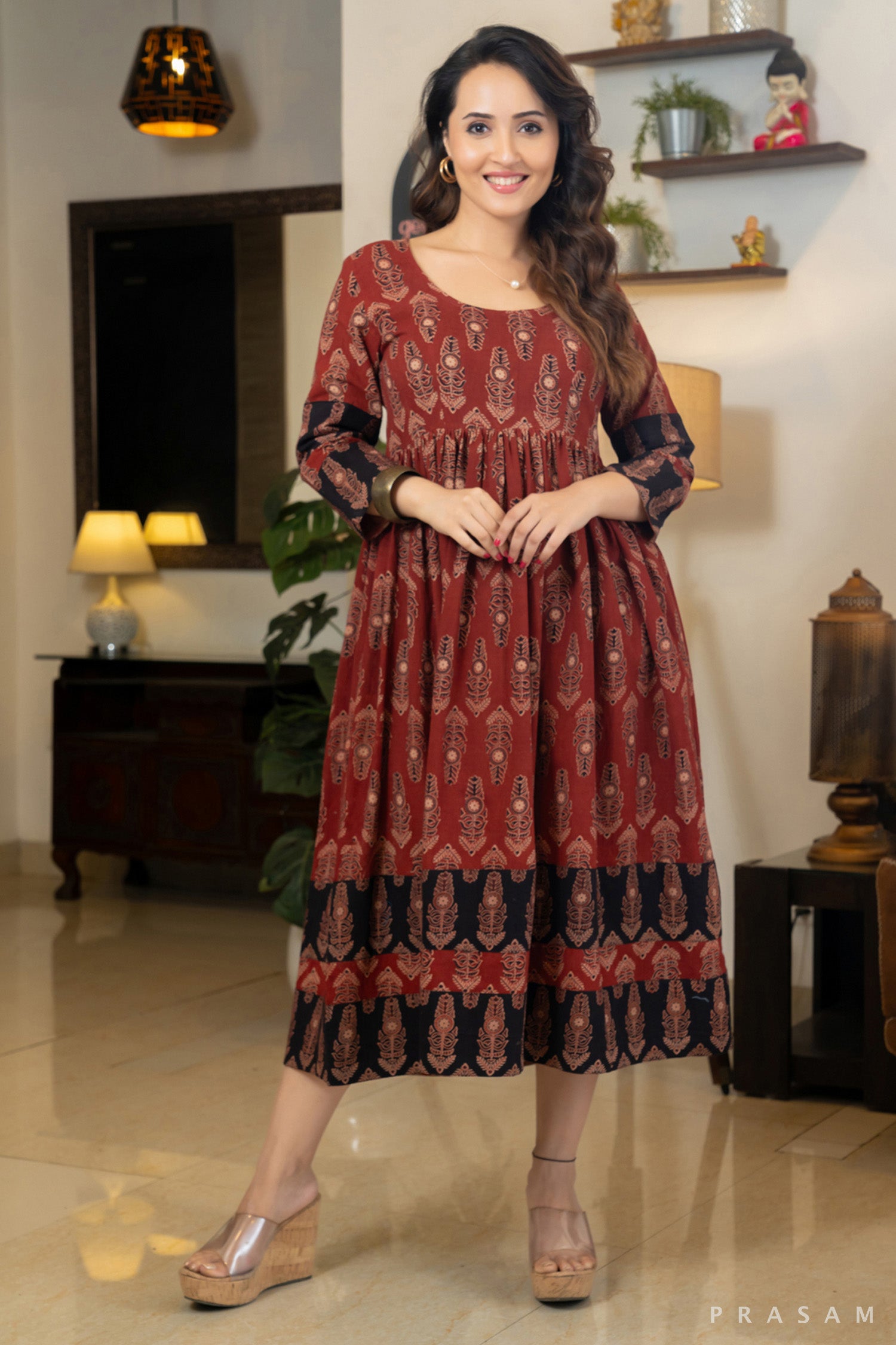 Scarlet Noir Ajrakh Cotton Printed Dress in Red and Black Combination