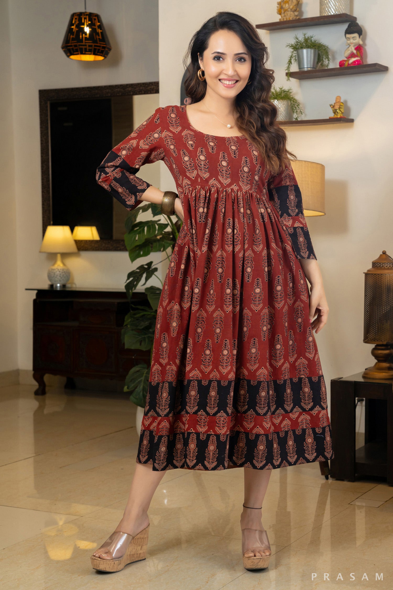 Scarlet Noir Ajrakh Cotton Printed Dress in Red and Black Combination