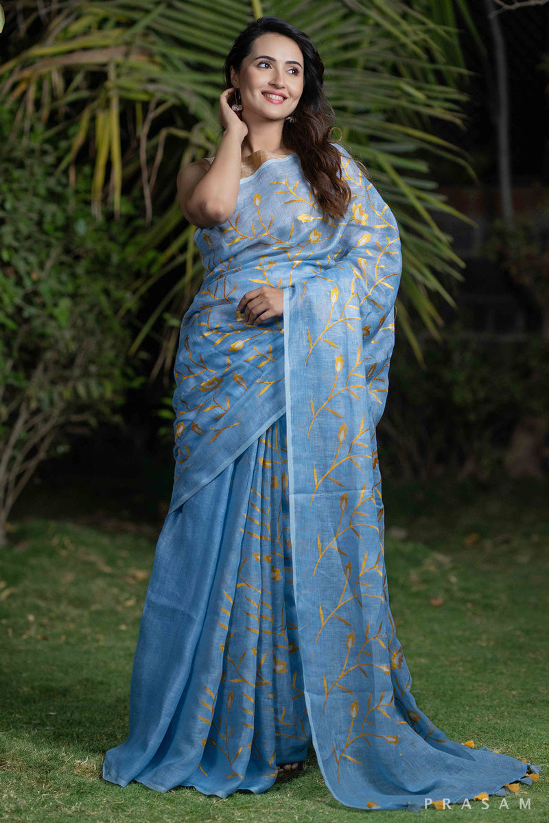 Neelima slate blue with embroidery linen saree