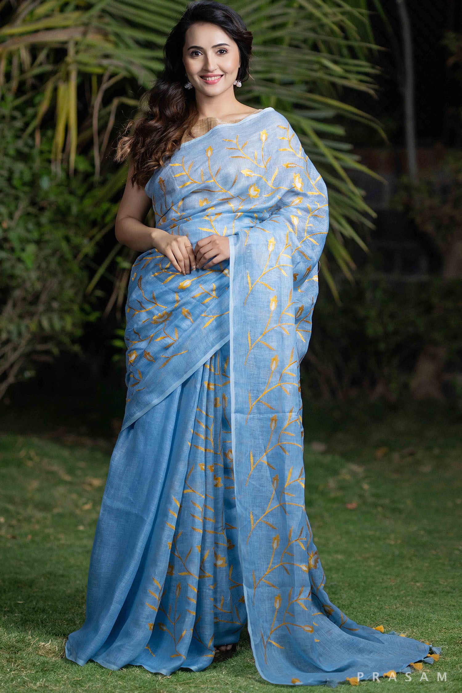 Neelima slate blue with embroidery linen saree