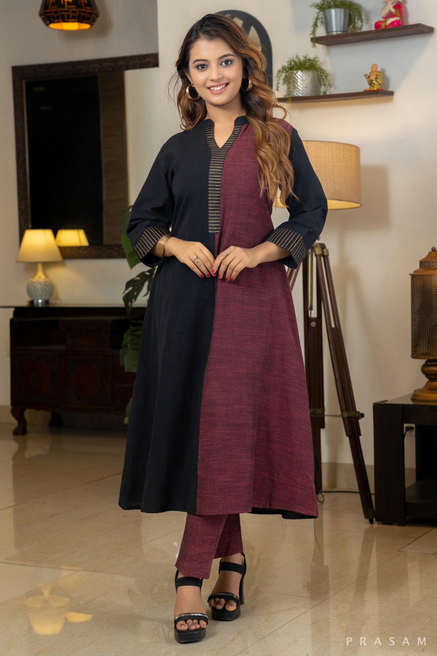 Twilight Fusion Handloom Cotton Combination Kurti with Block Print Stripe Detailing