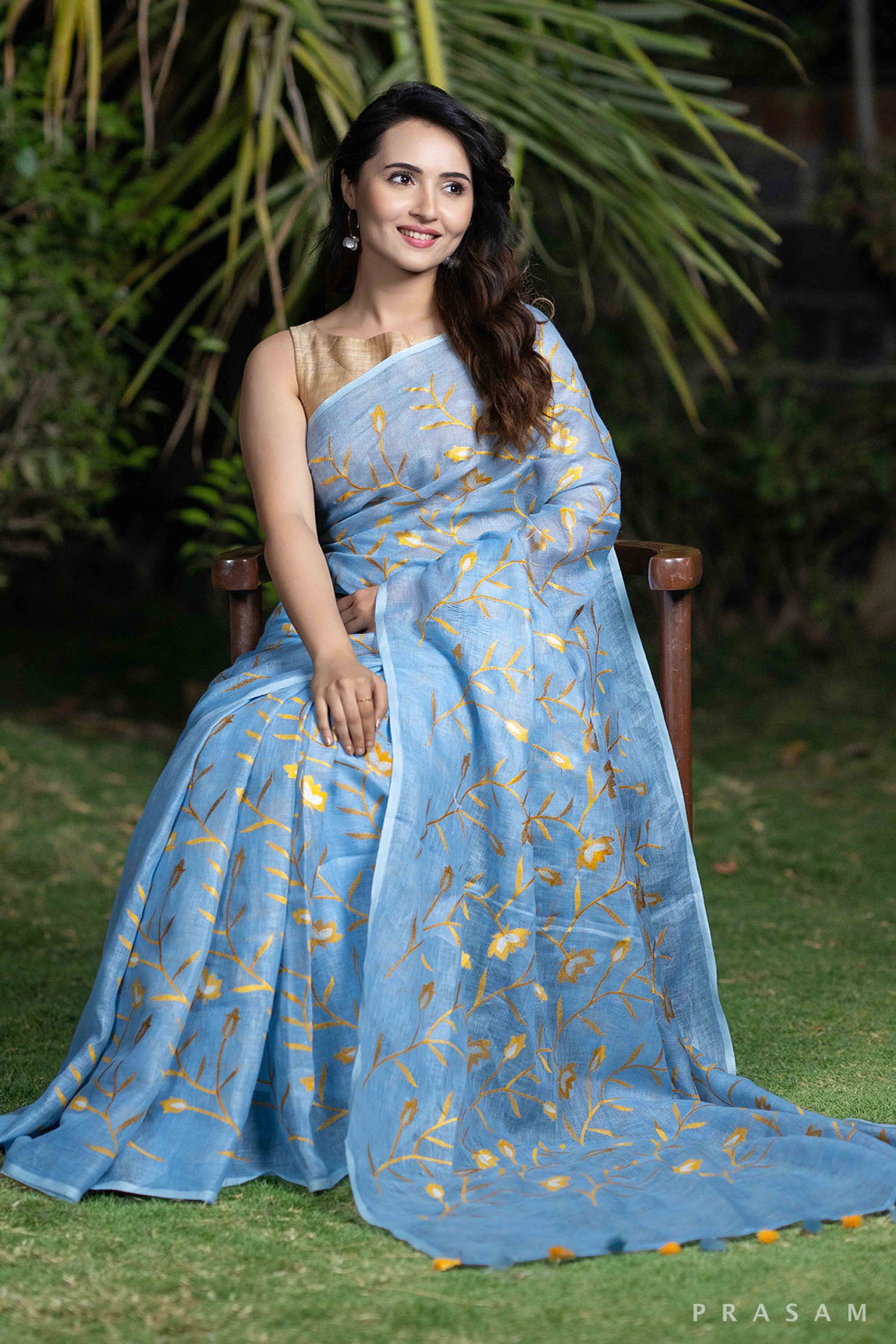 Neelima slate blue with embroidery linen saree