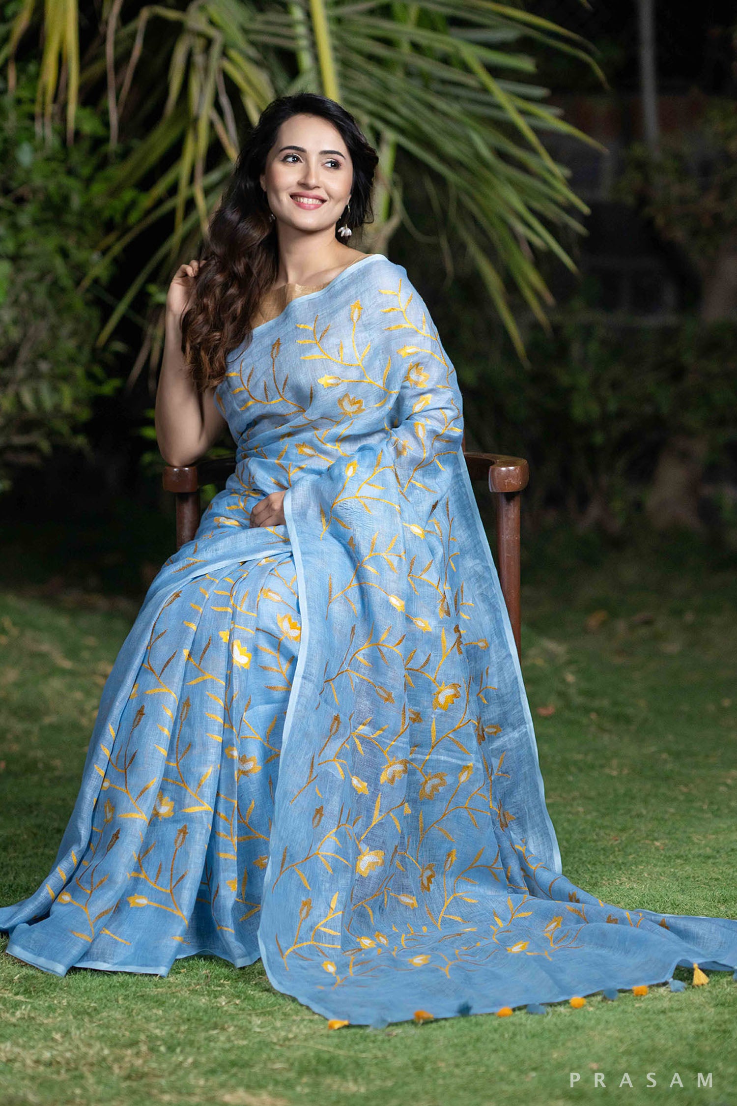 Neelima slate blue with embroidery linen saree