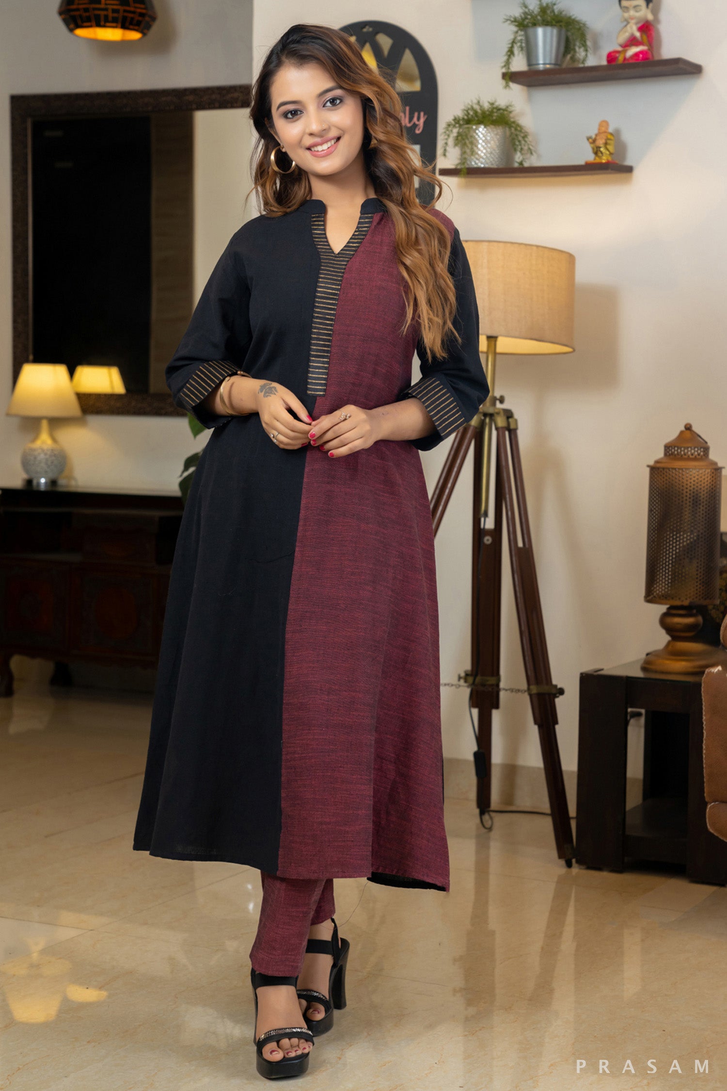 Twilight Fusion Handloom Cotton Combination Kurti with Block Print Stripe Detailing