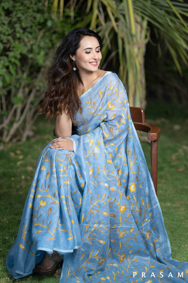 Neelima slate blue with embroidery linen saree