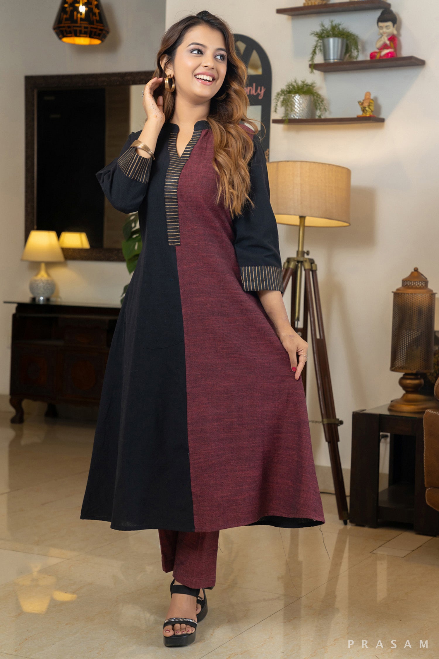 Twilight Fusion Handloom Cotton Combination Kurti with Block Print Stripe Detailing