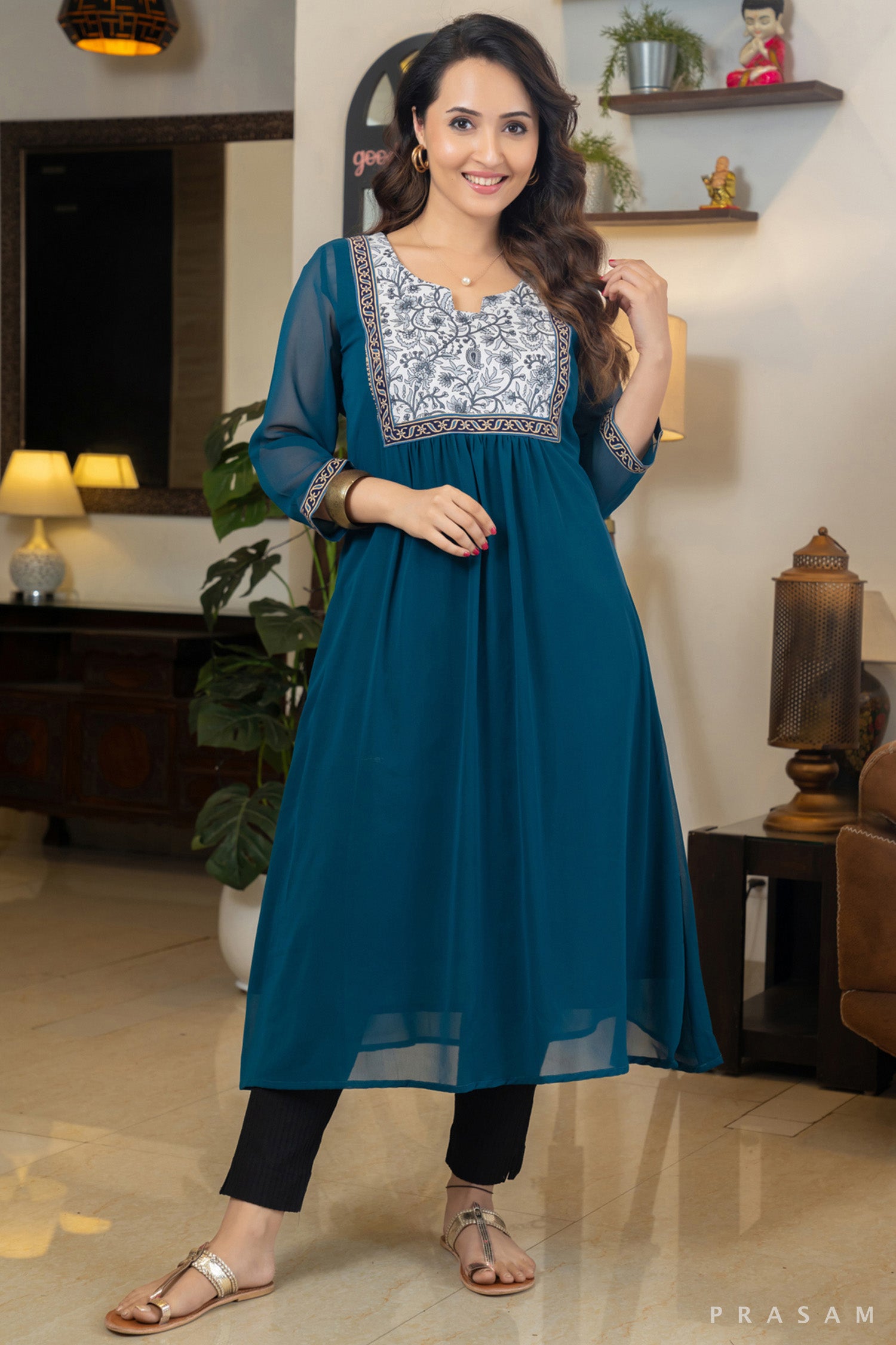 Oceanic Bloom Teal Georgette Kurti with Cotton Printed Yoke