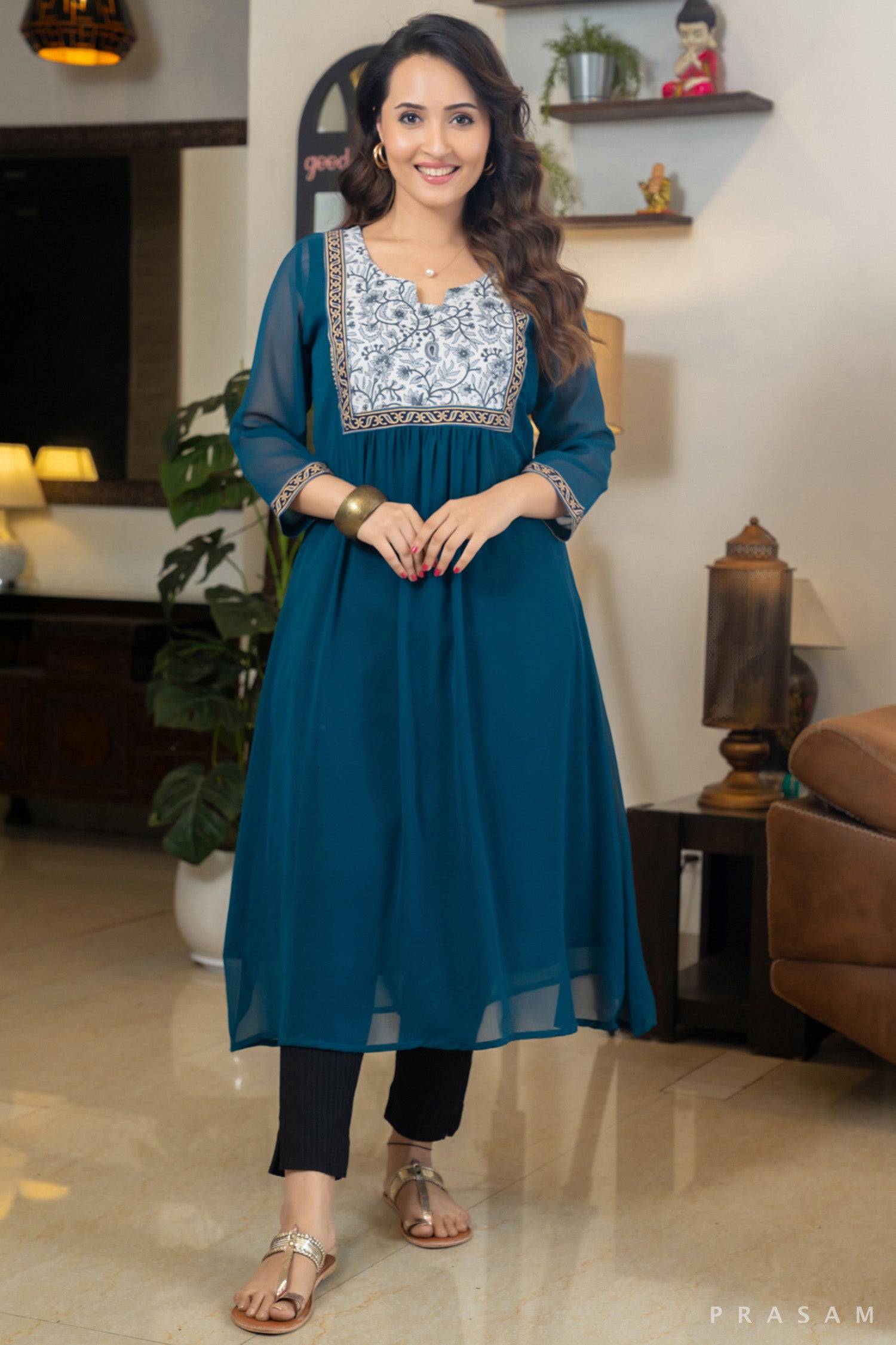 Oceanic Bloom Teal Georgette Kurti with Cotton Printed Yoke