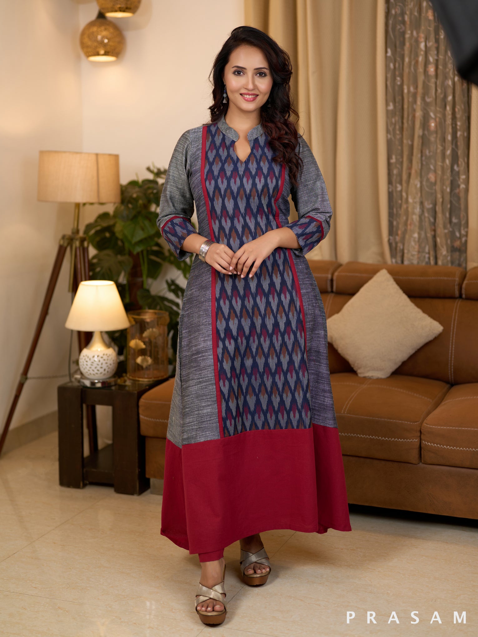 Ashen Grey with Red Trims Ikat Kurti (Optional Pants)