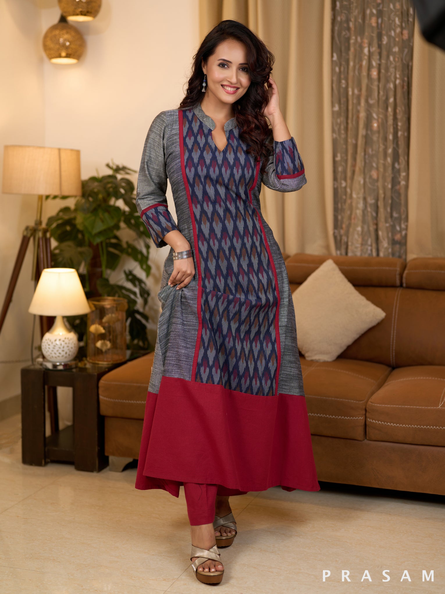 Ashen Grey with Red Trims Ikat Kurti (Optional Pants)