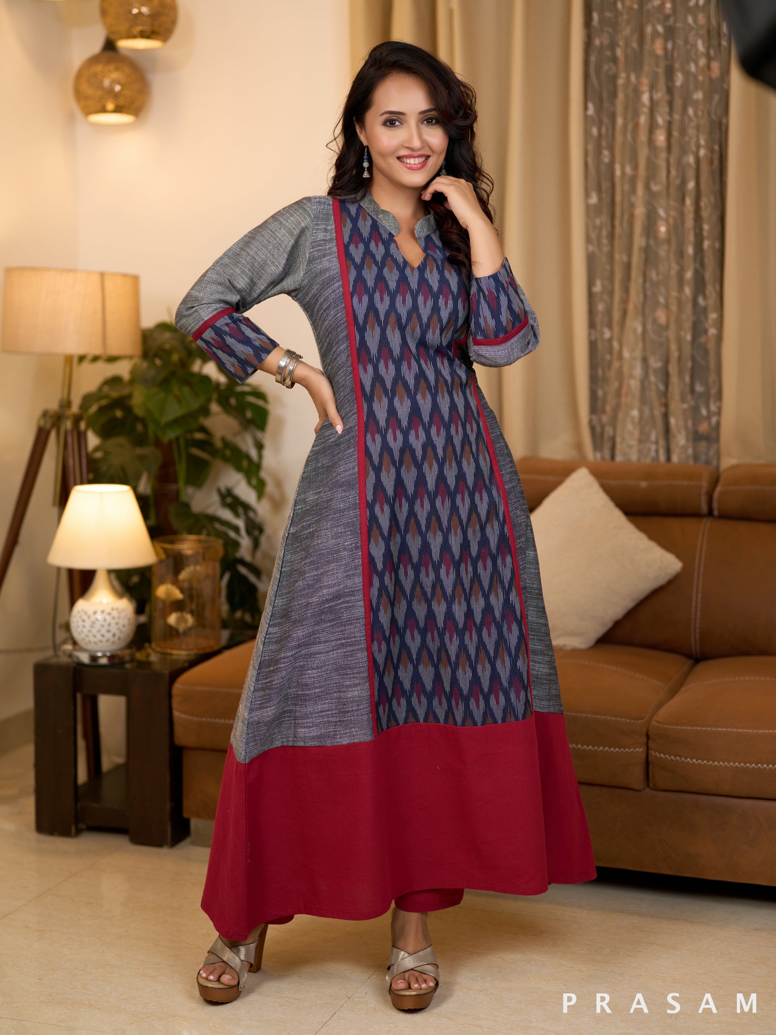 Ashen Grey with Red Trims Ikat Kurti (Optional Pants)